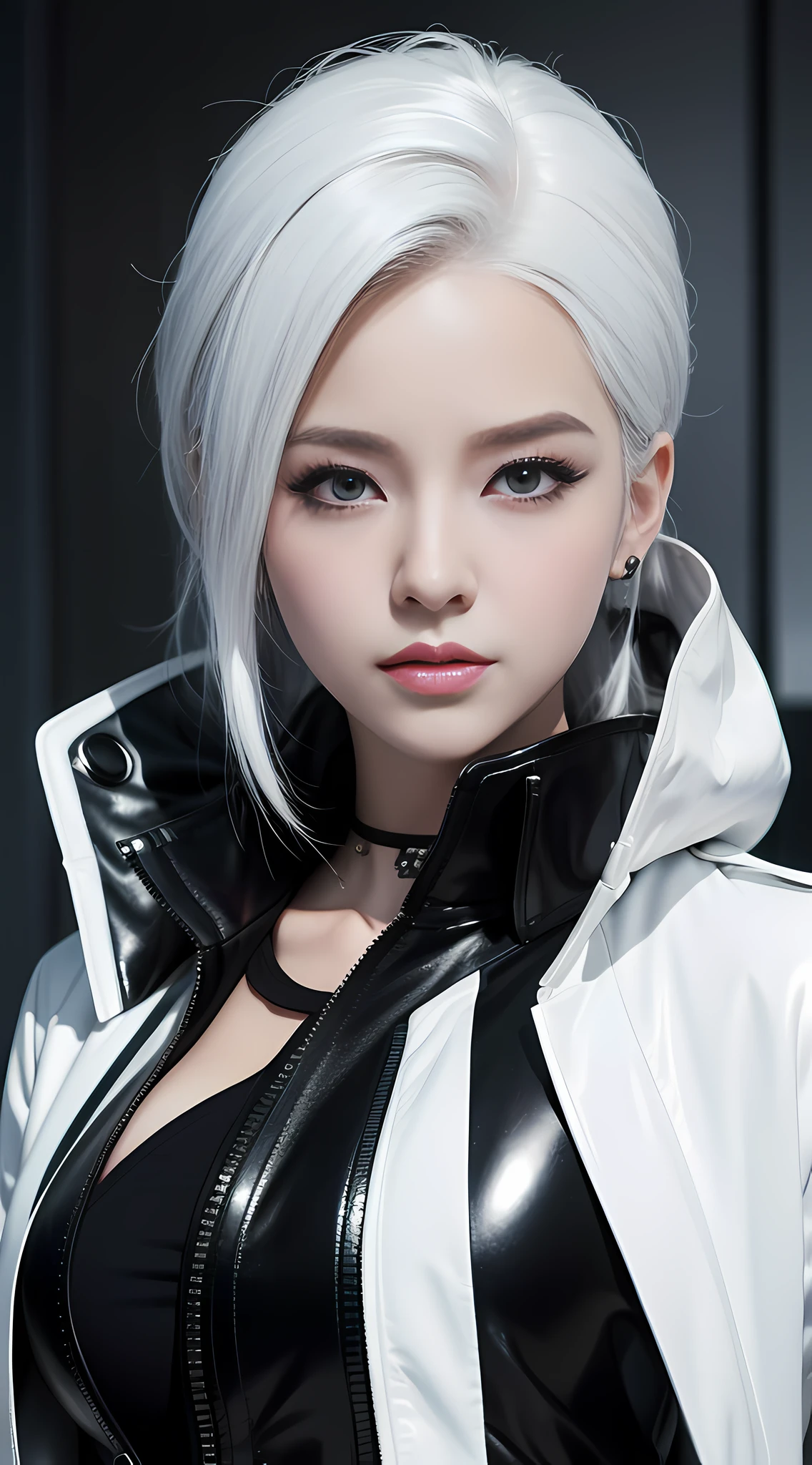 arafed woman with white hair and black jacket posing for a picture, a character portrait inspired by Ross Tran, Artstation, digital art, girl with white hair, photorealistic anime girl render, artwork in the style of guweiz, perfect white haired girl, 3 d anime realistic, realistic anime 3 d style, smooth anime cg art, ross tran 8 k
