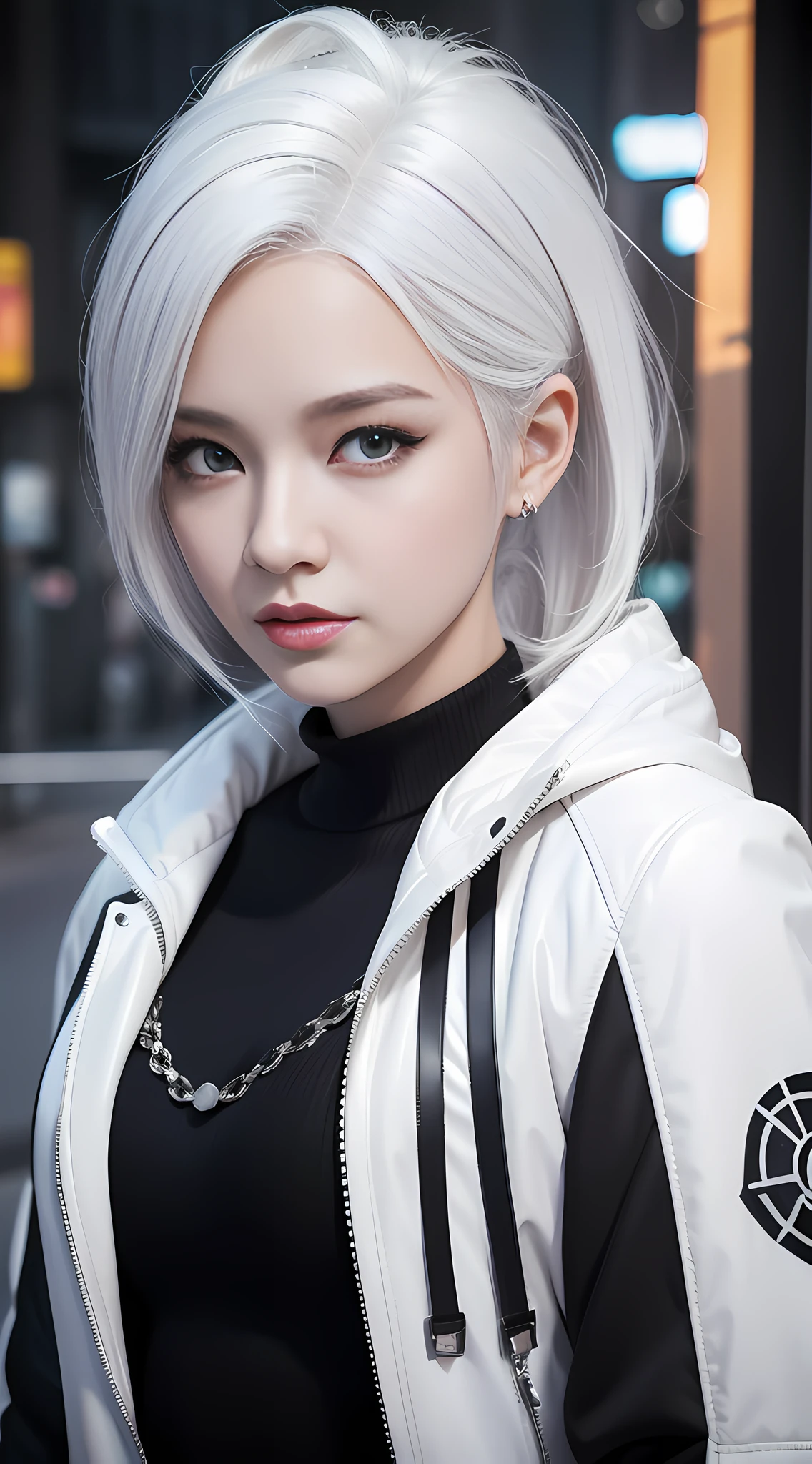 arafed woman with white hair and black jacket posing for a picture, a character portrait inspired by Ross Tran, Artstation, digital art, girl with white hair, photorealistic anime girl render, artwork in the style of guweiz, perfect white haired girl, 3 d anime realistic, realistic anime 3 d style, smooth anime cg art, ross tran 8 k