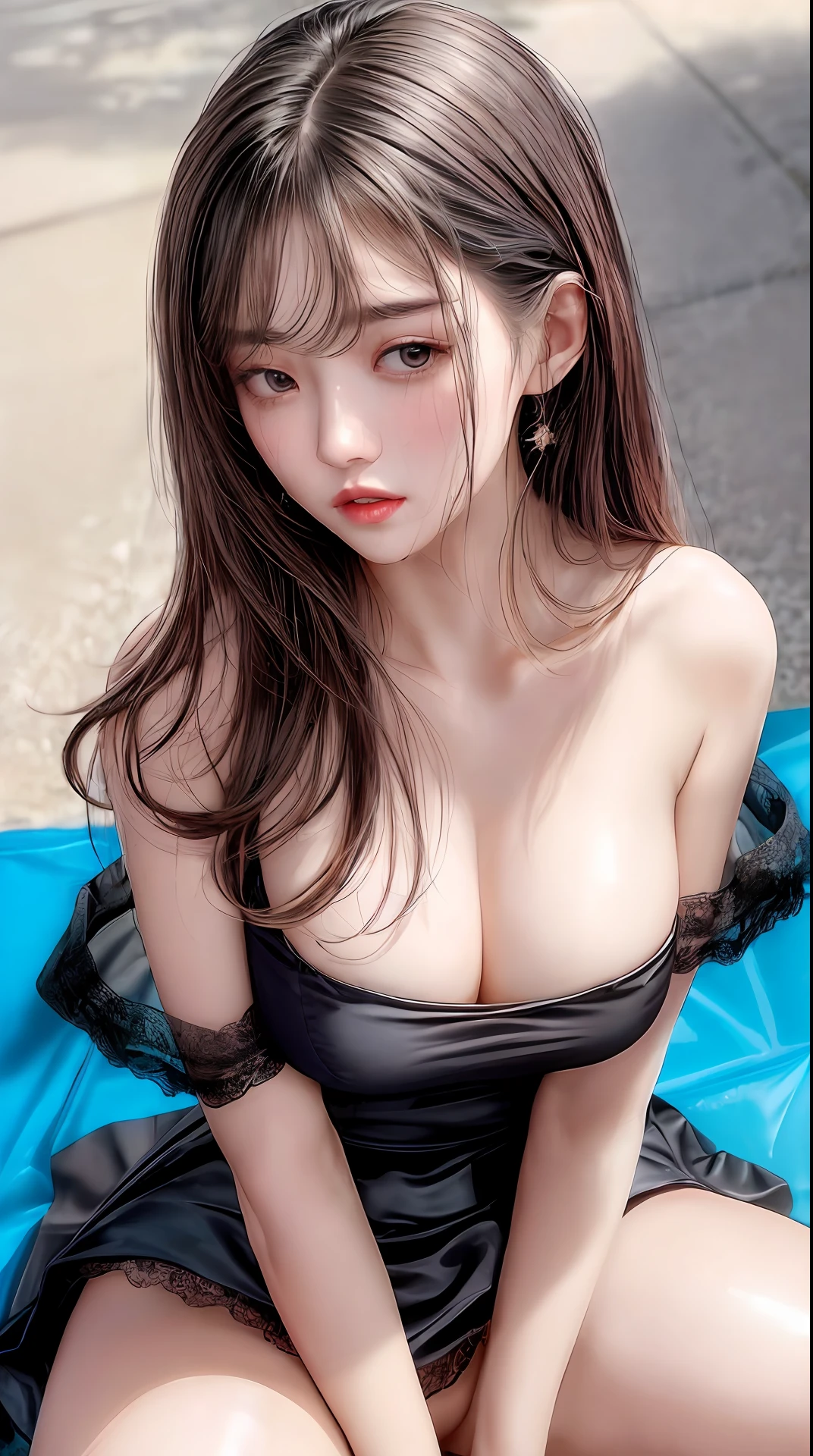 pee(incontinence:1.5), Fashion trendy beautiful and charming woman, gentle and charming Chinese beautiful woman, Korean(kpop-idol), delicate and sexy collarbone, charming oval face, double eyelids, smart [peach]blossom eyes, pink lips, small nose, bare shoulders, focus on the face, close-up of the face, Ultra-high-definition, super-detailed, the ((loose)), white off-the-shoulder shirt perfectly echoes the light blue high slit miniskirt, (chest cutout). ((black)lace panties), fresh and impressive, Natural(big breasts:1.25), (kneeling to sitting on the ground), (open your legs wide), ((spread legs)), from below angle, (glossy skin, sweaty:1.4), low angle, Perfect figure, (nsfw:1.2)