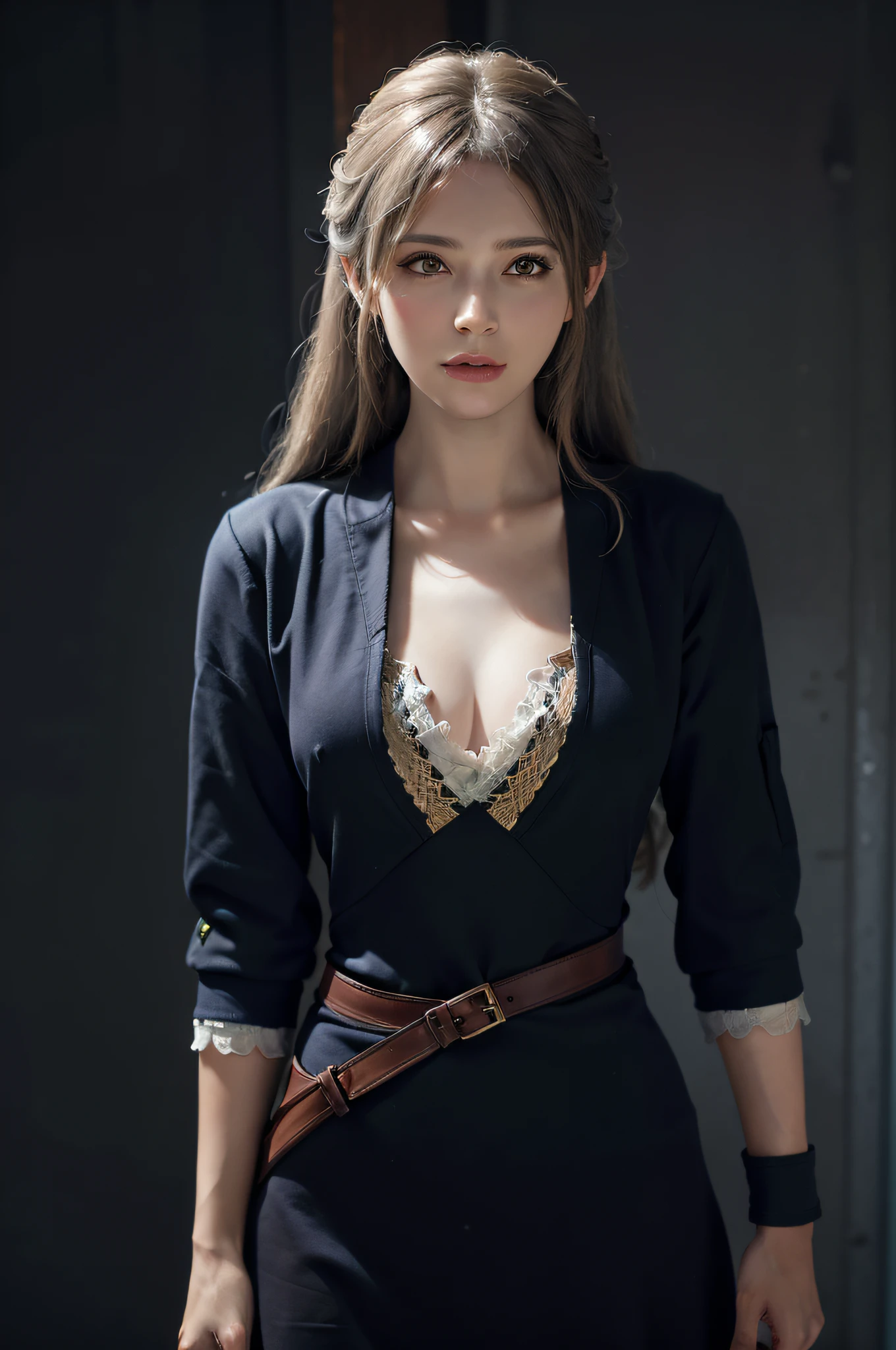 Hyperrealist portrait of female by david hockney and alphonse mucha,fantasy art, photo realistic, dynamic lighting, artstation, poster, volumetric lighting, very detailed faces, 4 k, award winning,, 1girl, in the dark, deep shadow, low key,cowboy shot,(official clothing:1.4) ,long hair,white hair,