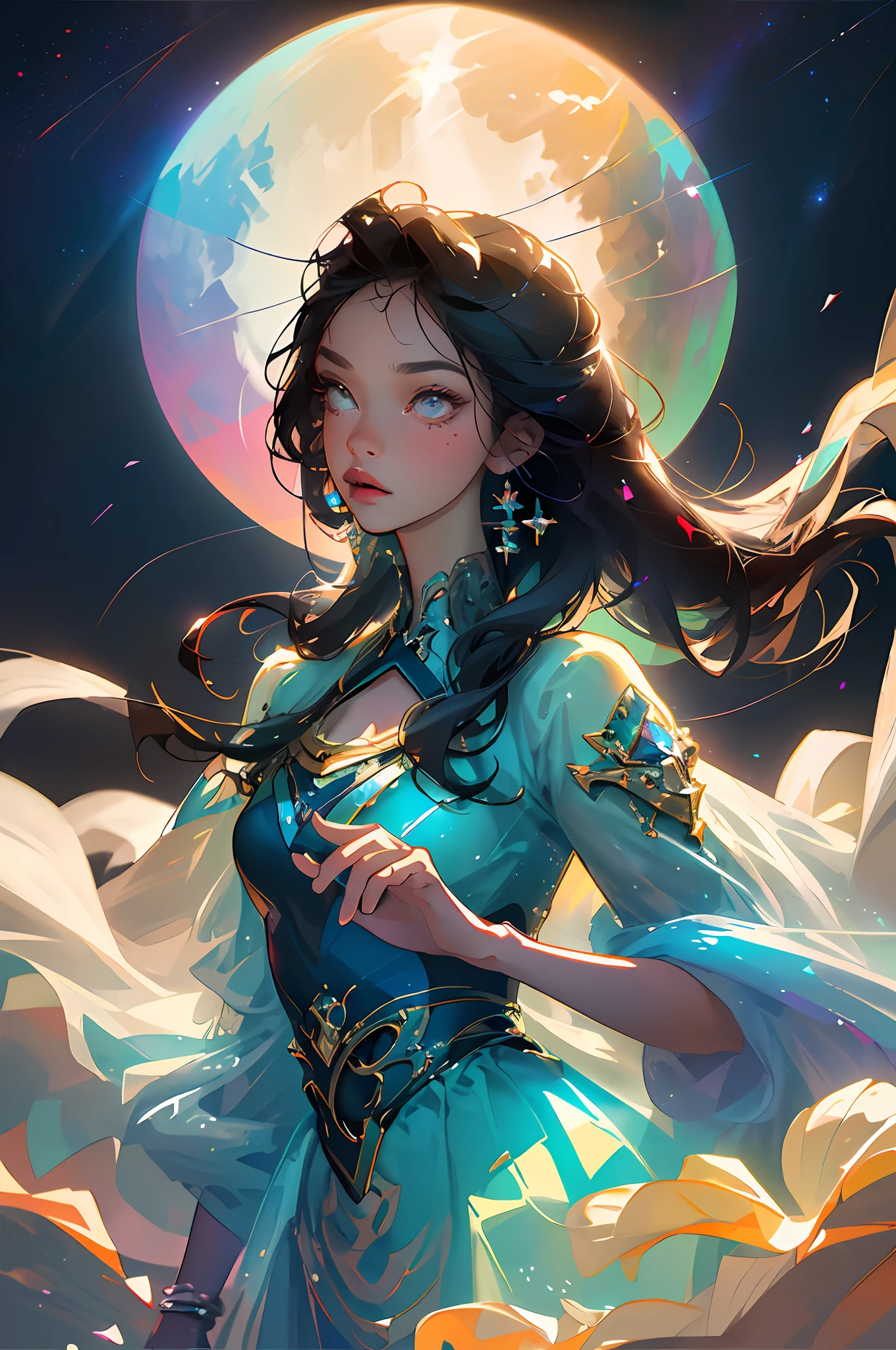 (Best Quality, Masterpiece), 1girl, Colorful Hair, Details, (Night Sky), (Reflective Floor), Galaxy, Side, Clouds, Urban, Yoneyama Dance Style, (Best Quality, Masterpiece), Dress, Particles, Wind, Flower, Full Body, Best Quality, Masterpiece, Ultra HD, High Quality, High Quality, High Quality Shadows, HD, Beautiful Details, Detailed Textures, Colorful, Delicate, Lens Flare, Ray Tracing, Sharp Focus, (One girl, __focus__: 1.3), (Detailed beautiful and delicate face, detailed beautiful and delicate eyes, perfect facial proportions, dark skin, optimal ratio of four fingers and one thumb, large breasts, wide hips, smooth upper abdomen, thin, original photo, deep shadows, unobtrusive, cold light,