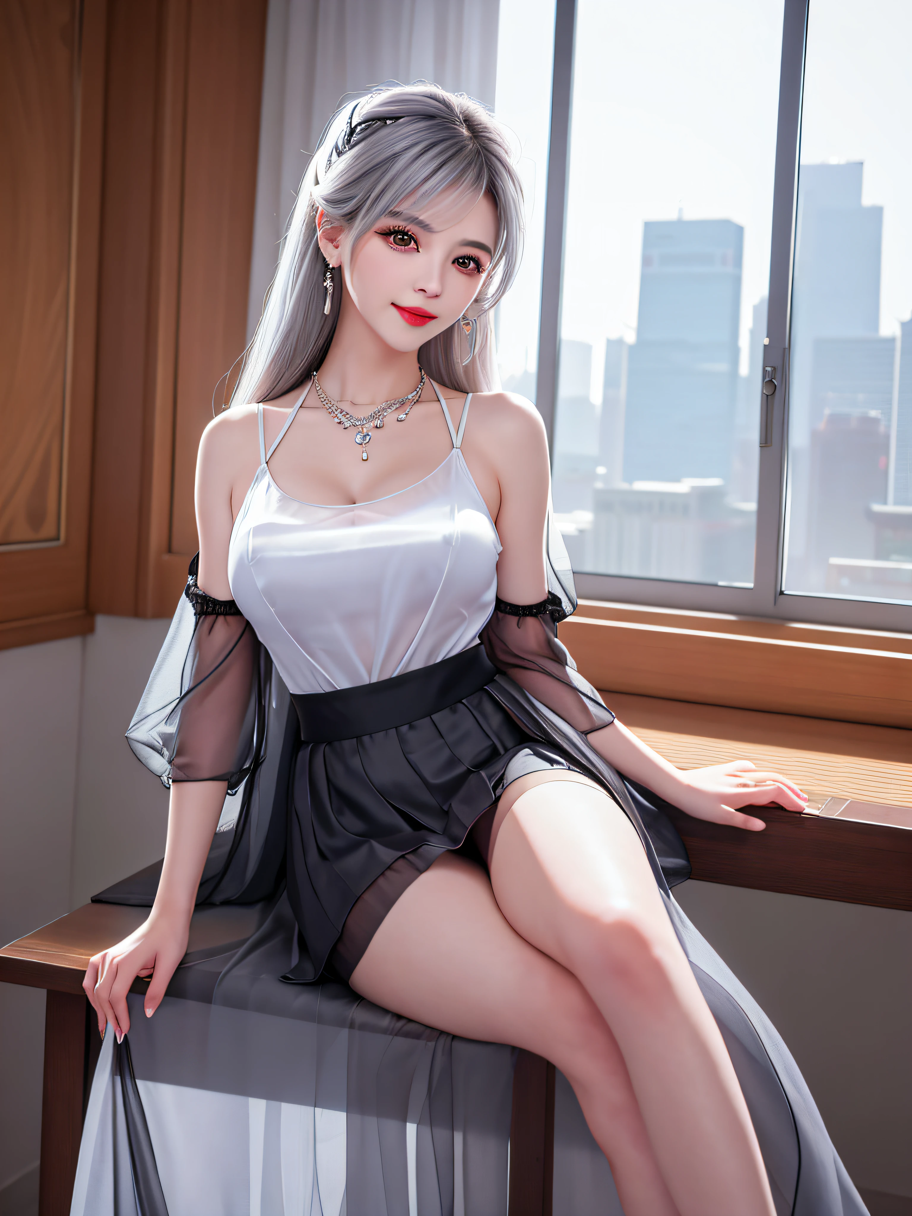 ((Female Teacher Sitting on Classroom Chair and Opening Legs v6)), Necklace, Earrings, Full Body V6, (((Long Gray Hair)), ((Translucent Silk Black Mini Dress, Skirt)), Cleavage Emphasis, Sleeveless, Short, ((White Underwear Visible)), Superb, Ultra High Definition, RAW Photography, Realism 1.25), (Bright Lip Gloss, Long Eyelashes, Smooth) Face, Bright Skin, Natural Shadows, Wide light, wide light, depth of field, strong colors, subtle caustics: 0.8), smile, (big), v6 contempt and arrogant and elegant, there are windows showing different buildings in the city,