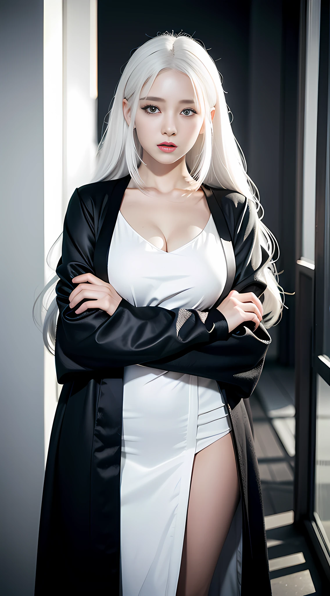 Arad woman posing for photo with white hair and black textured slim robe, white hair girl, realistic anime girl rendering, guvez style artwork, perfect white hair girl, 3d anime reality, realistic anime 3d style, smooth anime CG art, Rostelan 8 K, long white hair, 3 d rendered character art 8 K, perfect proportions, proper pose