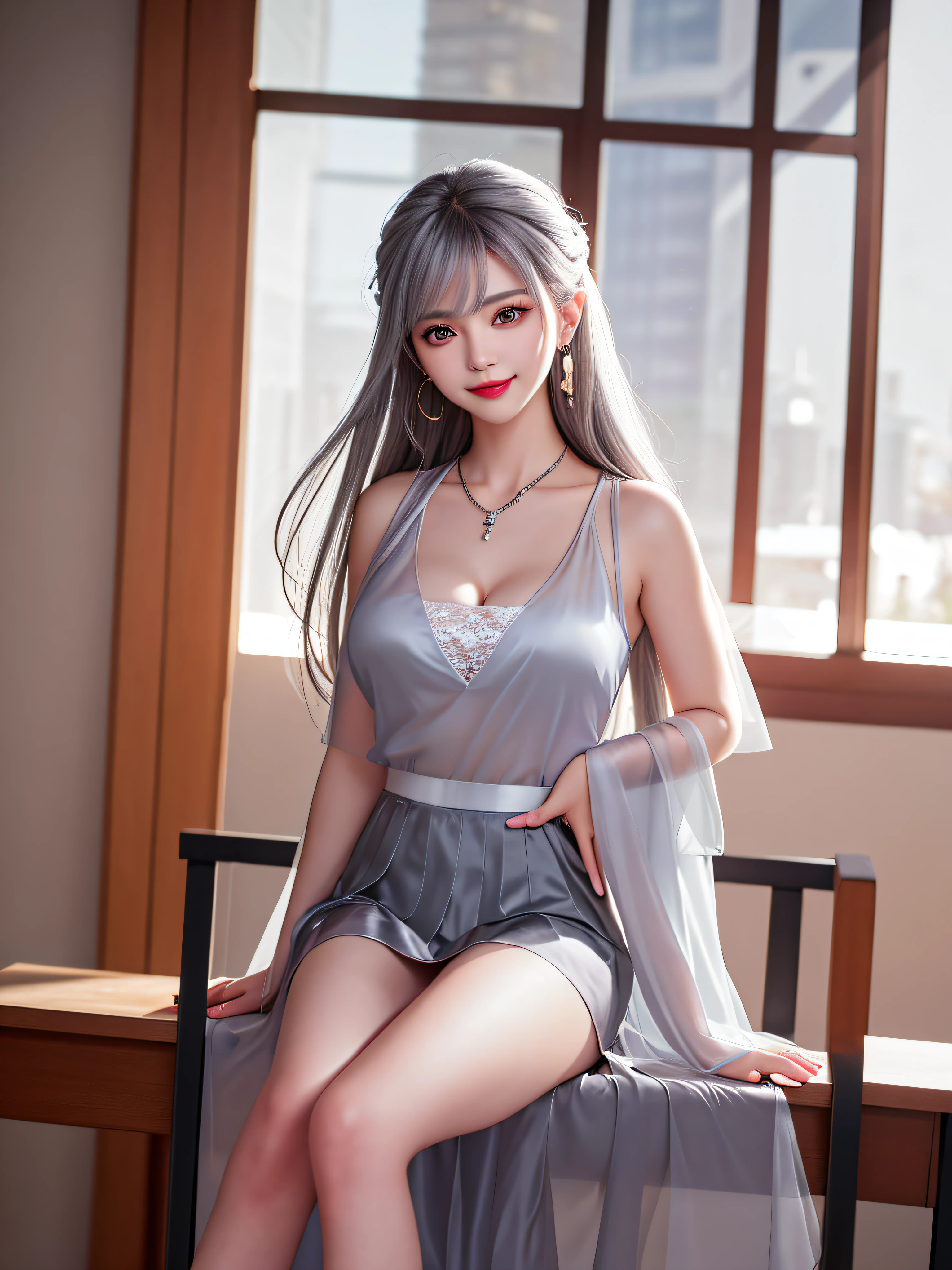 ((Female Teacher Sitting on Classroom Chair and Opening Legs v6)), Necklace, Earrings, Full Body V6, (((Long Gray Hair)), ((Translucent Silk Black Mini Dress, Skirt)), Cleavage Emphasis, Sleeveless, Short, ((White Underwear Visible)), Superb, Ultra High Definition, RAW Photography, Realism 1.25), (Bright Lip Gloss, Long Eyelashes, Smooth) Face, Bright Skin, Natural Shadows, Wide light, wide light, depth of field, strong colors, subtle caustics: 0.8), smile, (big), v6 contempt and arrogant and elegant, there are windows showing different buildings in the city,
