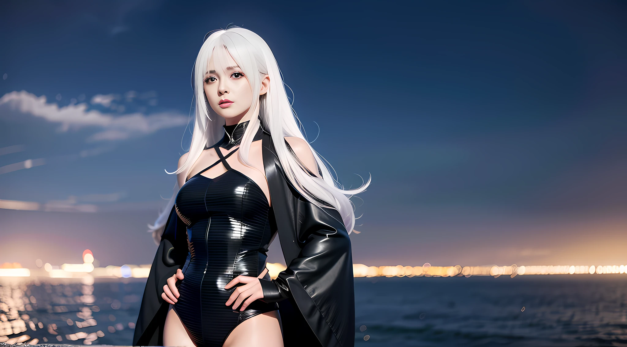 Arad woman posing for photo with white hair and black textured slim robe, white hair girl, realistic anime girl rendering, guvez style artwork, perfect white hair girl, 3d anime reality, realistic anime 3d style, smooth anime CG art, Rostelan 8 K, long white hair, 3 d rendered character art 8 K, perfect proportions, proper pose