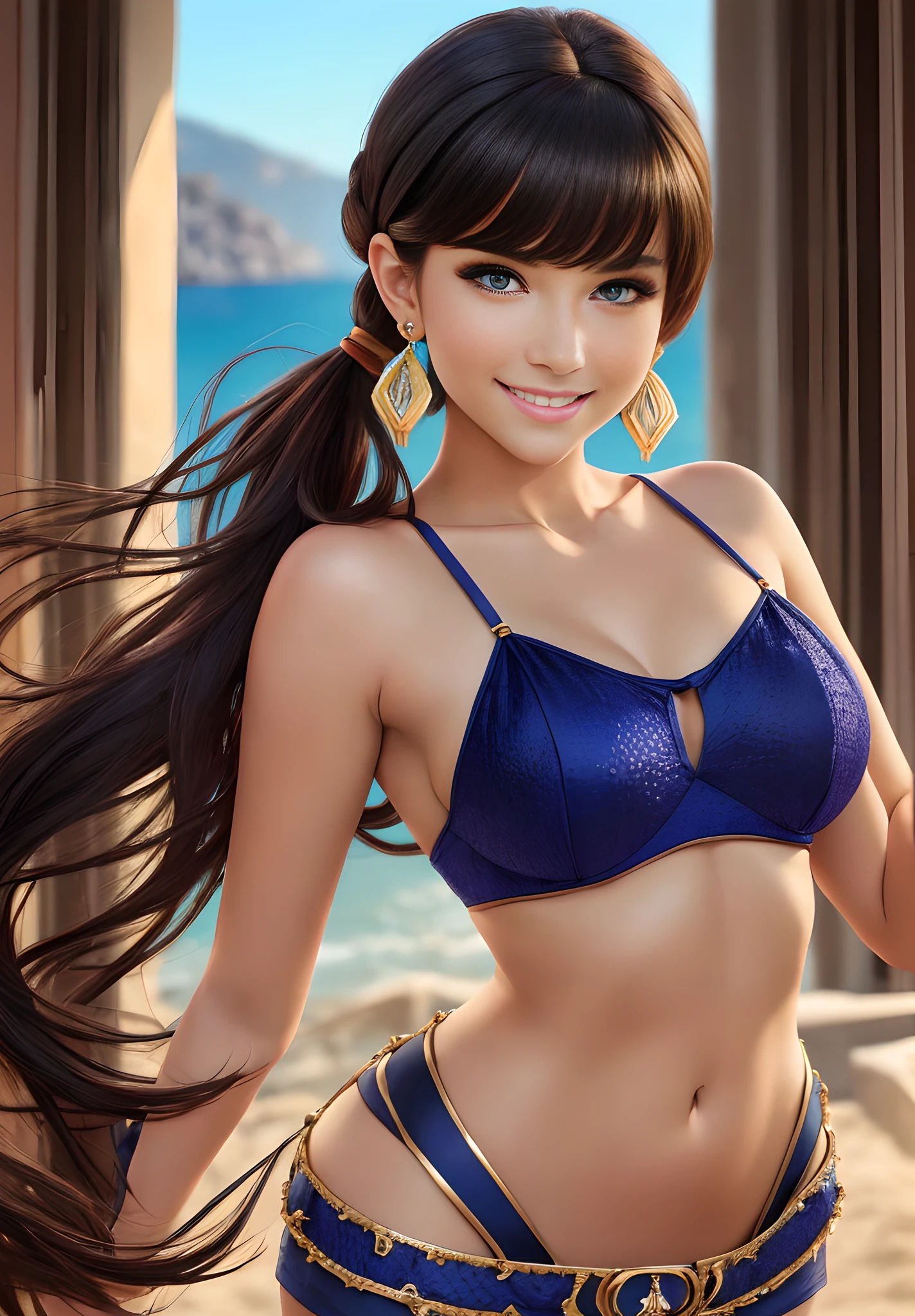 (realistic, photo-realistic:1.37), (best quality:1.4), (ultra high res:1.2), (sharp focus:1.3), (cute:1.1), (cowboy shot:1.38), (gigantic breasts:1.1), (happy smile:1.25), ((absurdly long:1.1) twintails:1.2),narrow waist,BREAK scenery,(Beautiful midday pool background:1.0), (dynamic angle shot:1.31), bangs,beautiful detailed round eyes in highlights, 1girl, ((highest quality)), (Masterpiece)), ((Real), (Real), Dim light, Spooky night, Cathedral, Orange light, (Best Quality, Masterpiece: 1.2), (Real: 1.3), (Soft Saturation: 1.5), (Soft Focus: 1.5), (Detail Background), BREAK(One Beautiful Young Woman), Looking straight at you with serious eyes when viewed from the front, Blake brown hair, blue-black hair, super long-haired, wavy hair, low ponytail hair, bangs by center, beach, greece Santorini, Resort beach, Open terrace, (Best quality, Masterpiece: 1.2), (Real: 1.3), (Beautiful skin: 1.2), (Ultra detail background, Detail background), Bokeh, Break (One beautiful young woman), When viewed from the front, the composition is symmetrical. Looking straight at you with serious eyes, dark blue eyes, back hair tied with ribbons, red hair, shiny hair, camisole pants gloves high heel boots, rustic, green, multicolored theme, complex in daytime classroom window, ((Masterpiece)), Ultra high definition, ((Full body))), (from top:1.5)), Angelic, light smile, Detailed chest, (Detailed eyes)), Sharp eyes, Detailed natural skin texture, Detailed hands, intricate detailed fingers and nails, (amazing hairstyle), elegant standing pose, volume lighting, sharp focus, top quality, high resolution, ultra detailed skin, cute, perfect face, shiny skin, short hair, earrings, dress, night scene, face close-up (from side:1.3)