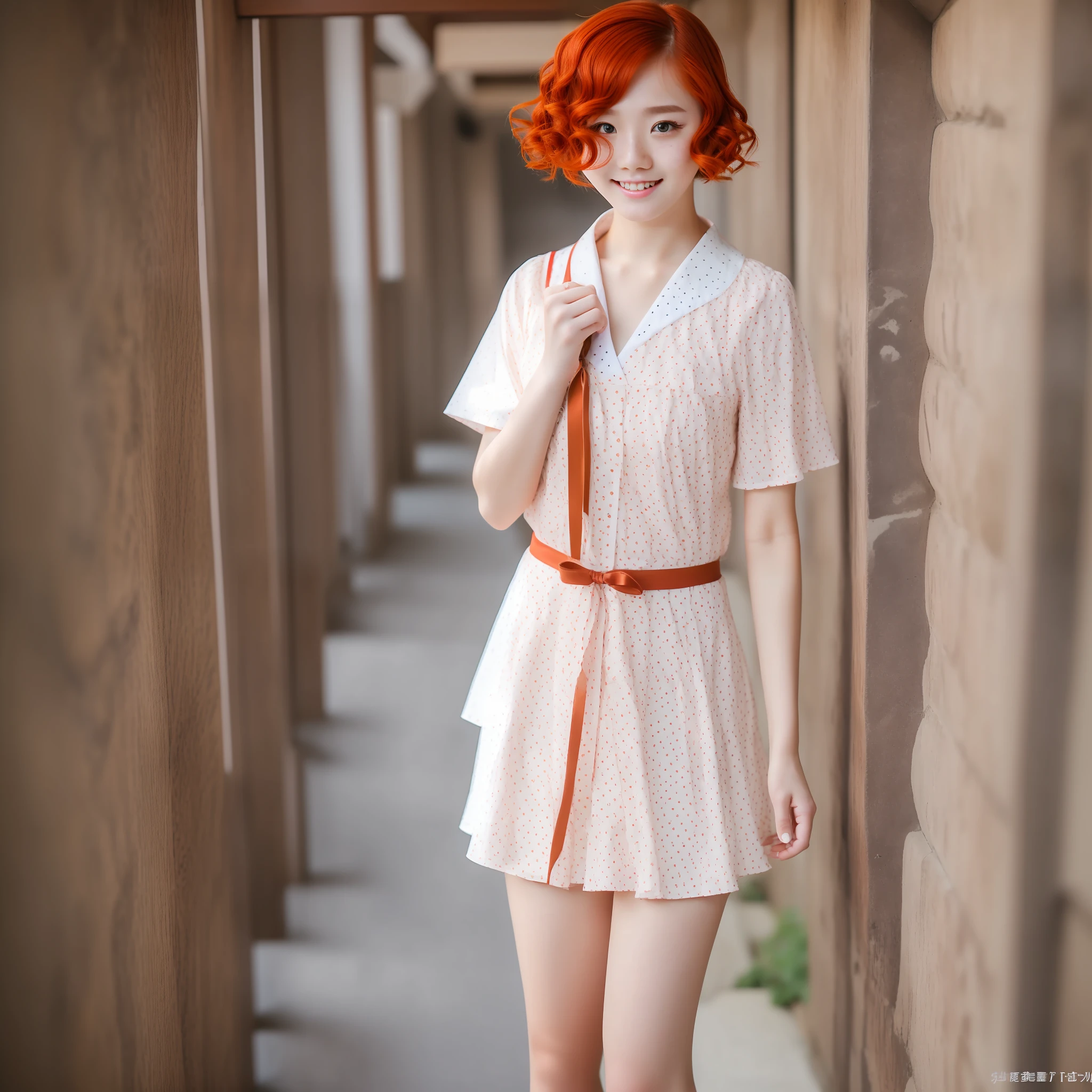 1 Beautiful Girl, Best Quality (8K), Face ((Japan persons) (Freckles) (Adult) (Highest quality quality) (8K))), Perfect body line (8 heads), Full body appearance (standing), Natural perm of red hair , Short bob hair, Big, High school girl sailor suit, 18 years old