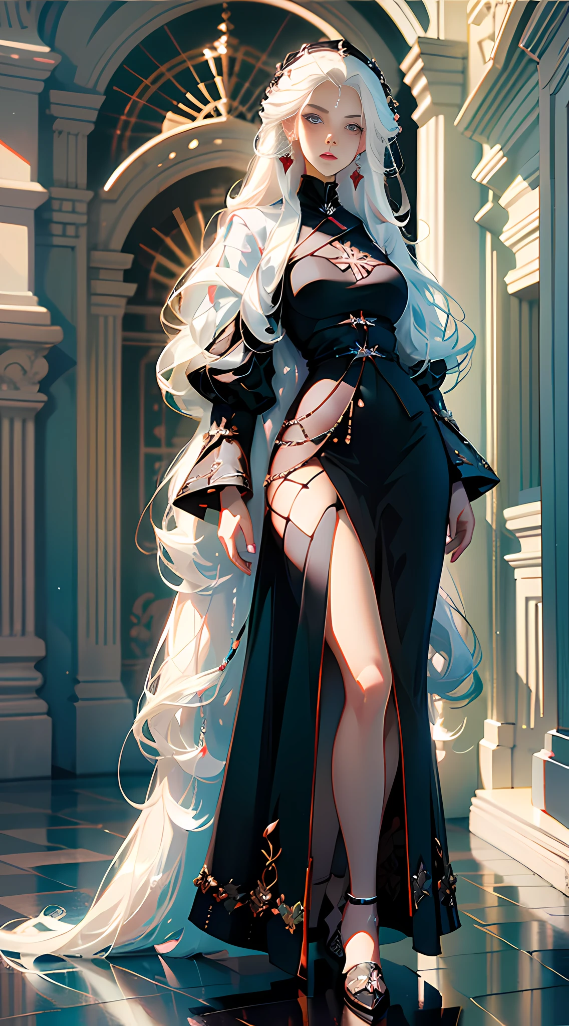 Arad woman posing for photo with white hair and black textured slim robe, white hair girl, realistic anime girl rendering, guvez style artwork, perfect white hair girl, 3d anime reality, realistic anime 3d style, smooth anime CG art, Rostelan 8 K, long white hair, 3 d rendered character art 8 K, perfect proportions, proper pose