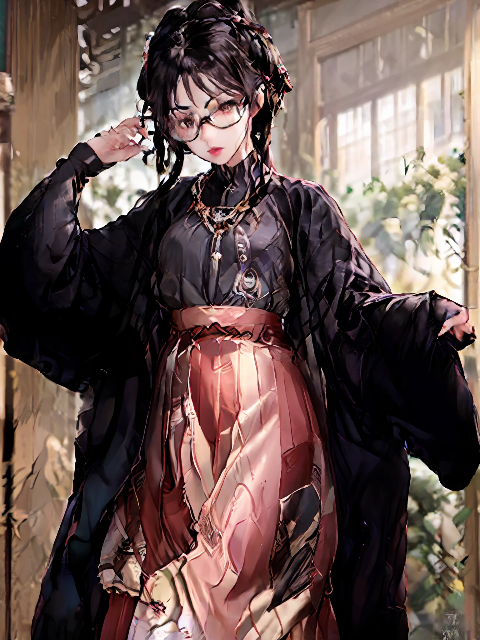 there is a woman wearing glasses and a black jacket, with glasses, wearing thin large round glasses, wearing small round glasses, with square glasses, spectacled, girl wearing round glasses, 8k selfie photograph, wearing round glasses, xintong chen, with glasses on, with round face, f / 1. 9 6. 8 1 mm iso 4 0, li zixin
