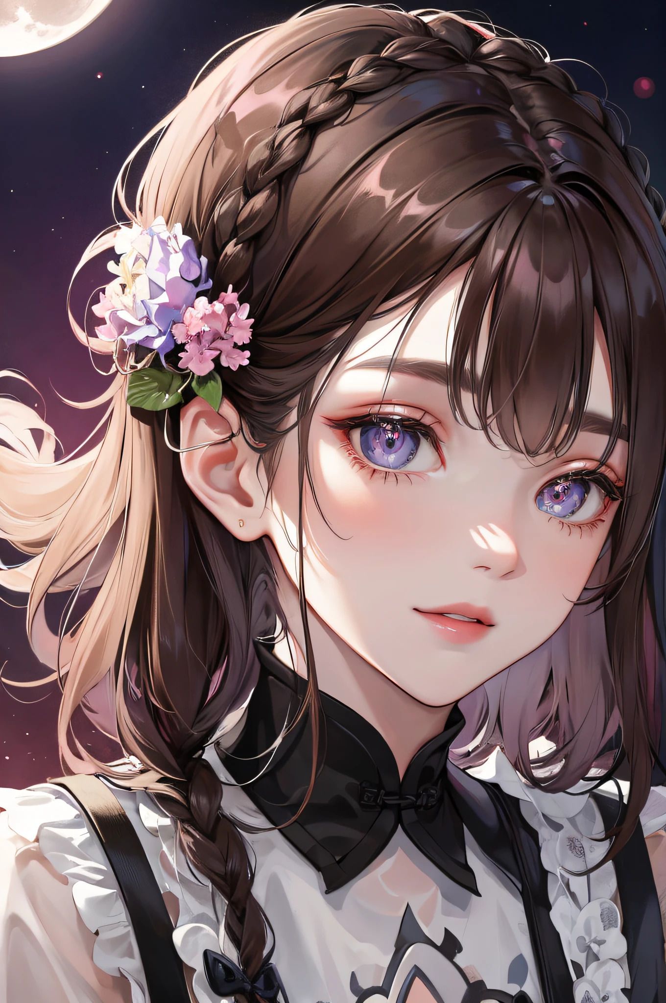 Masterpiece, best, night, full moon, 1 female,  woman, Chinese style, ancient China, elder sister, royal sister, smile, dark brown hair, dark hair, princess cut, braid, curly hair, double ball head, pale pink Lips, calm, intellectual, medium hair, green pupils, hairpin, hydrangea, delicate face, face close-up, hand close-up