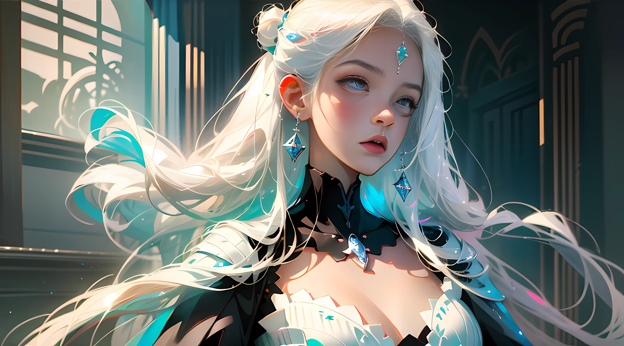 Arad woman posing for photo with white hair and black textured slim robe, white hair girl, realistic anime girl rendering, guvez style artwork, perfect white hair girl, 3d anime reality, realistic anime 3d style, smooth anime CG art, Rostelan 8 K, long white hair, 3 d rendered character art 8 K, perfect proportions, proper pose