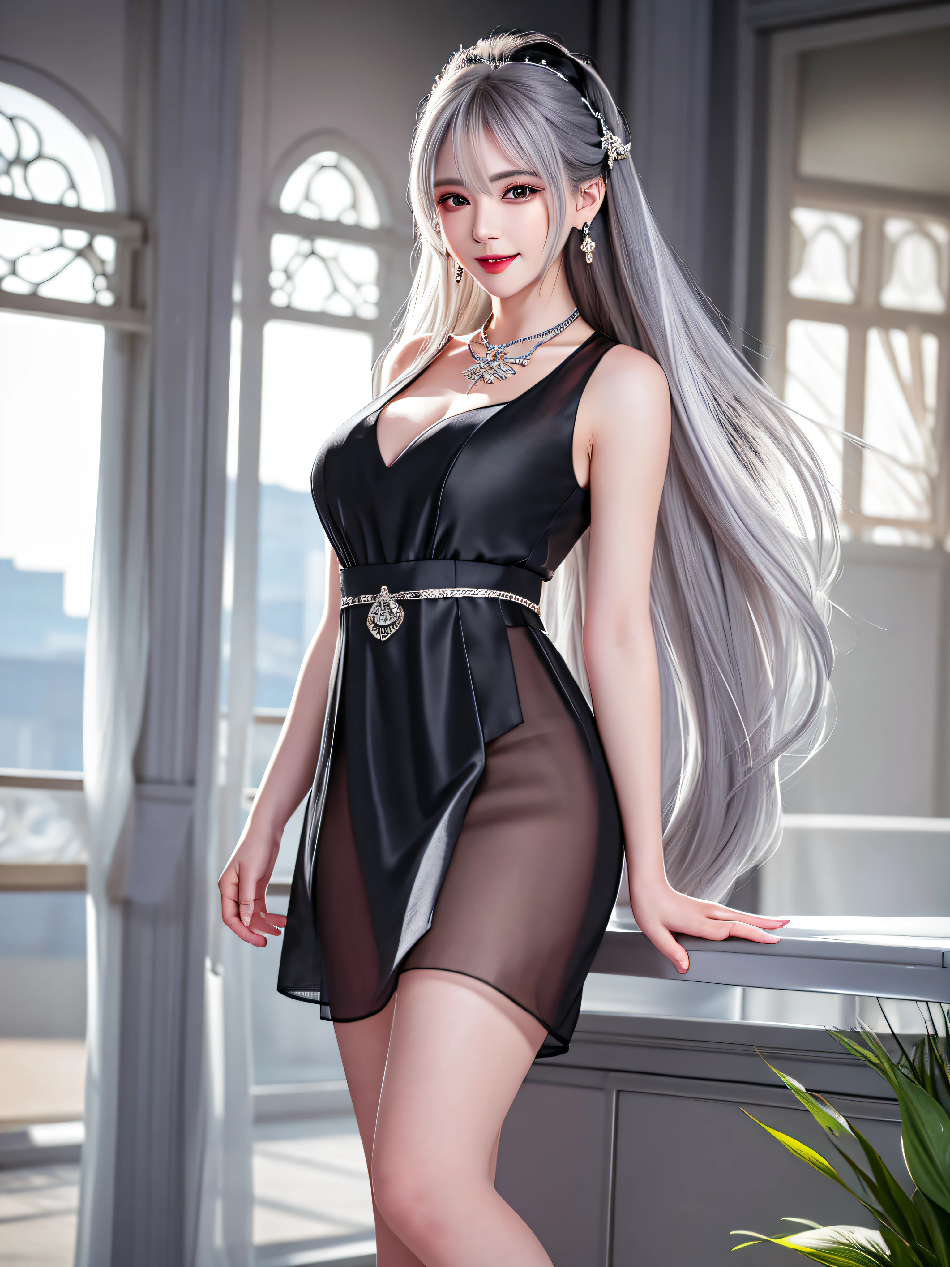 Female teacher standing in classroom v6, necklace, earrings, full body v6, ((long gray hair)), ((translucent silk crystal clear black mini dress, skirt)), cleavage emphasis, sleeveless, short, visible, superb, ultra high definition, RAW photography, realism 1.25), (bright lip gloss, long eyelashes, smooth) face, bright skin, natural shadows, wide light, wide light, depth of field, Strong colors, subtle caustics: 0.8), smile, (big), V6 with contempt and arrogance and elegance, there are windows showing different buildings in the city,