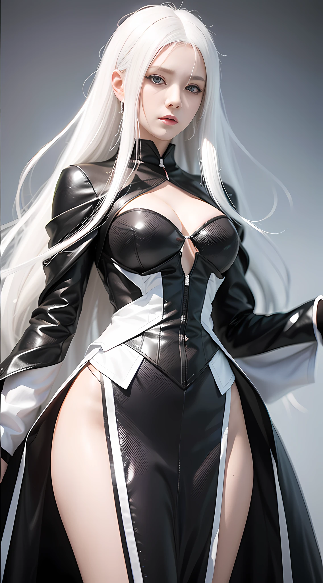 Arad woman posing for photo with white hair and black texture slender robe, white hair girl, realistic anime girl rendering, guvez style artwork, perfect white hair girl, 3d anime reality, realistic anime 3d style, smooth anime CG art, Rostland 8 K, white long hair, 3 d rendered character art 8 K, perfect proportions, proper pose