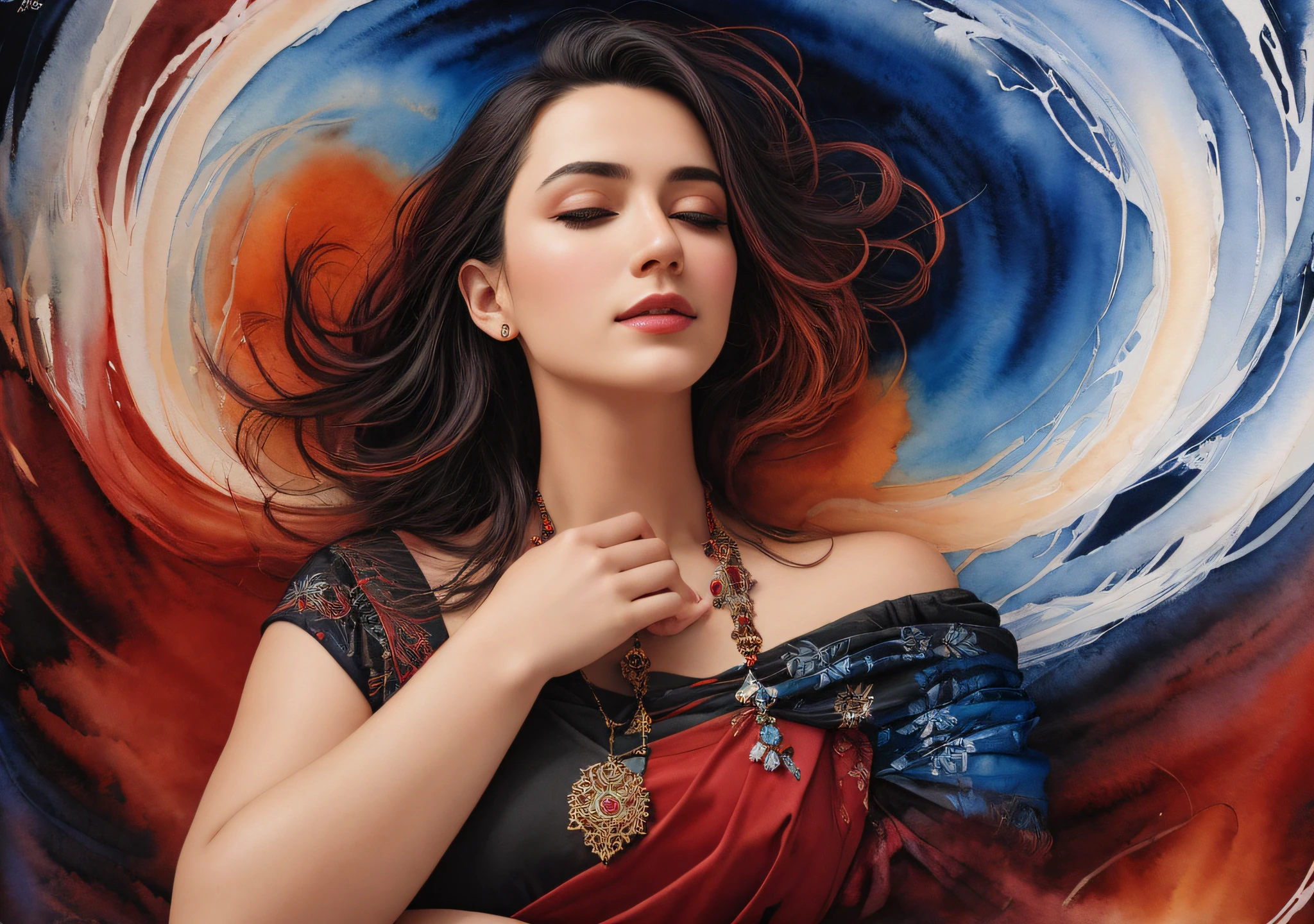 masterpiece,4K,best quality,absurdres, white background ,smiling,(masterpiece, top quality, best quality, official art, beautiful and aesthetic:1.2), extreme detailed, colorful, highest detailed, (watercolour painting:1.3), optical mixing, playful patterns, lively texture, rich colors, unique visual effect, (masterpiece, top quality, official art), (light painting), (long exposure:1.2), dynamic streaks, extreme detailed, black paintings, red and black, candid moments captured, slumped, draped,
hc_gown, a woman wearing a chic blue dress decorated with shiny jewels, cowboy shot,
