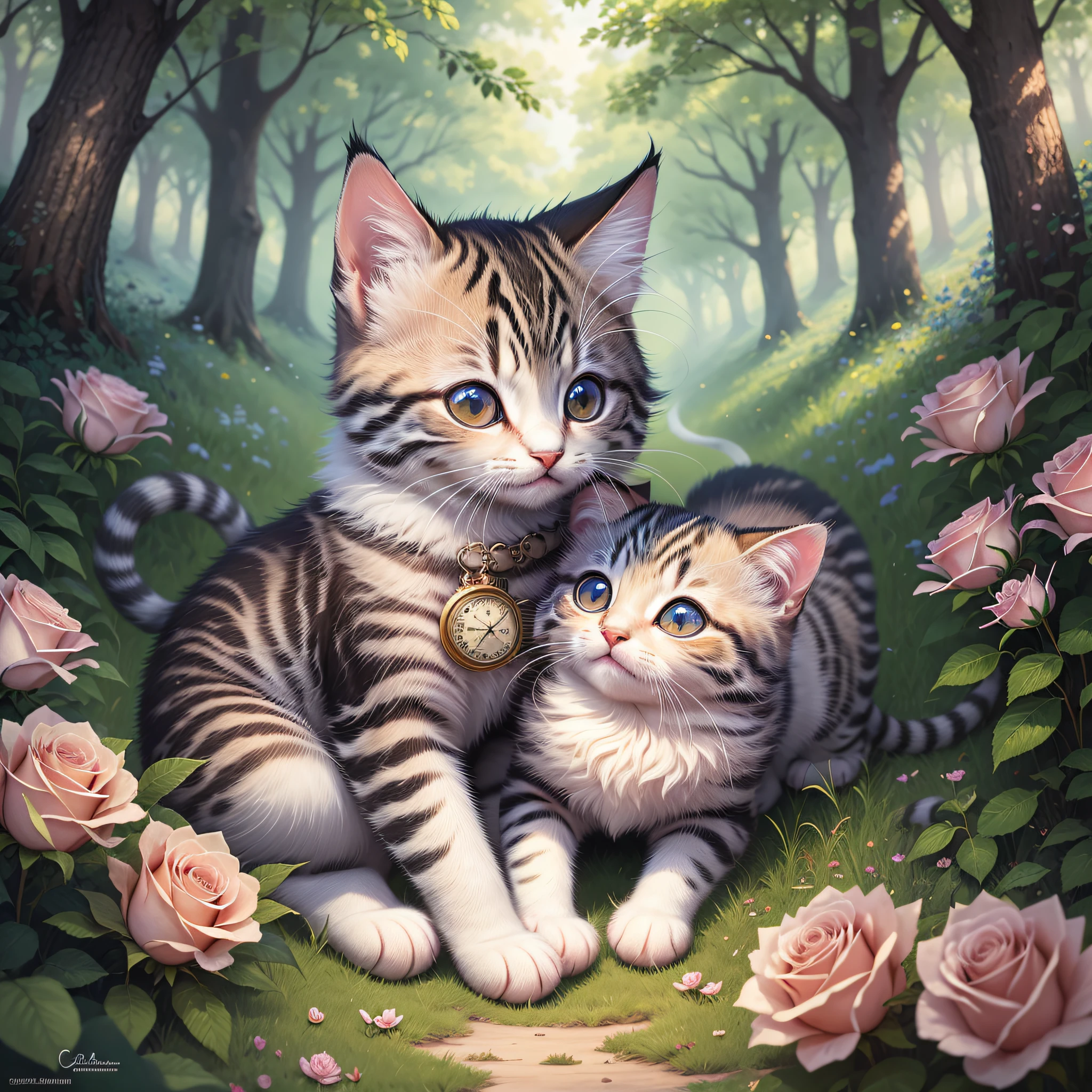 pictures, photo-like quality, ultra-detailed CG art, adorable kitten surrounded by ethereal roses, kitten, one, non-person, highest quality, high resolution, intricate details, fantasy, cute animals, best expression, running on the lawn, holding a pocket watch