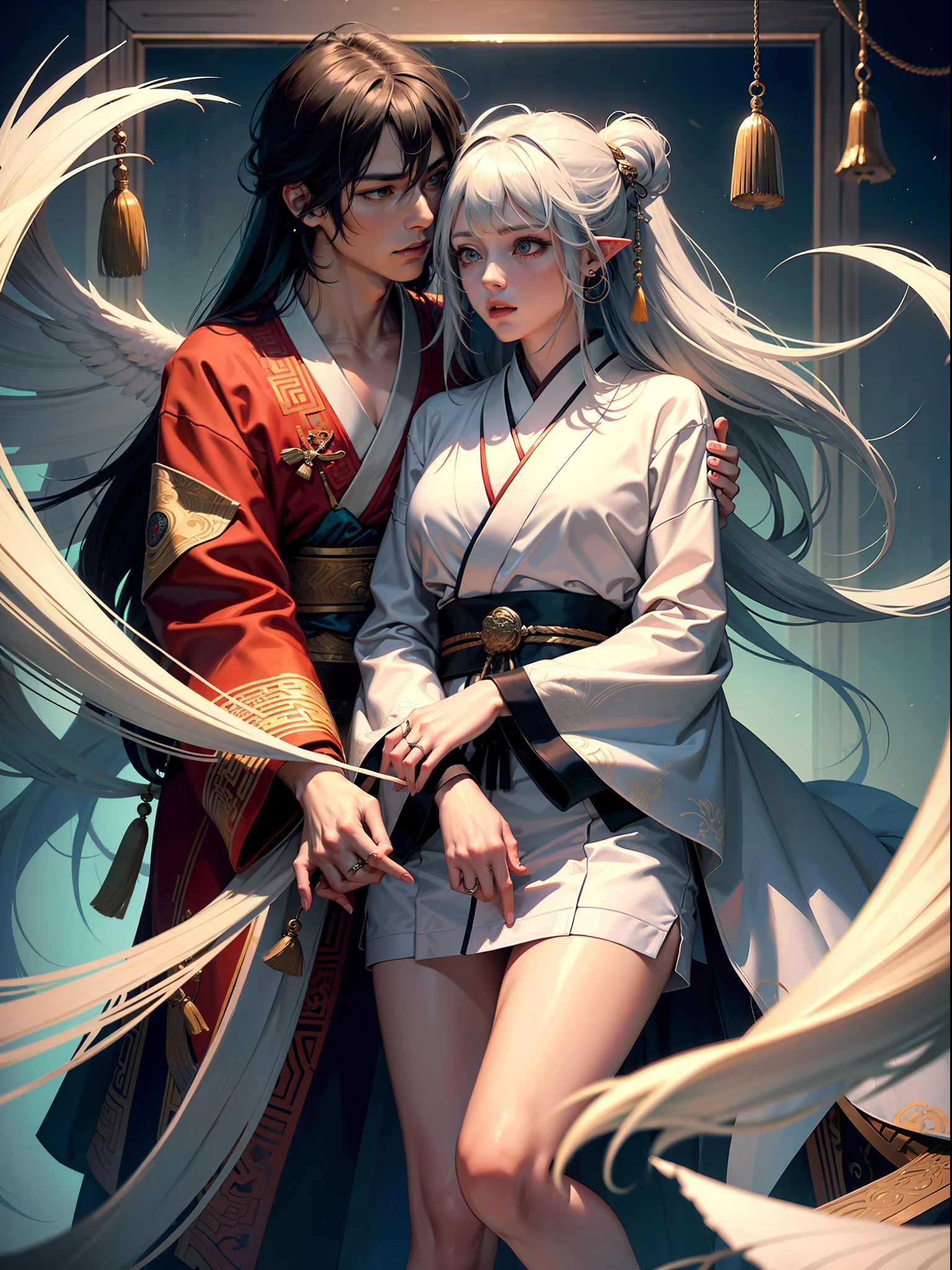 Concept Art, "1 Couple, Male Focus, Fin Ears, Multicolored Hair, Handsome Boy, Long White Hair, Tassels, Bangs, Carp, Colorful, Bold Colors, White Kimono, (Open) Kimono, Traditional Chinese Clothing, Close-up, Intimate Interaction in Bed, Stud Earrings, Rings, Sweat, Illuminate People", Colorful, Master Composition, Focus on Key Figures, Realism, Masterpiece, Award-Standing, Best Quality, Masterpiece, Ultra Detailed, 8K, Extremely Detailed CG Unity 8k wallpaper, complex, highly detailedrealistic