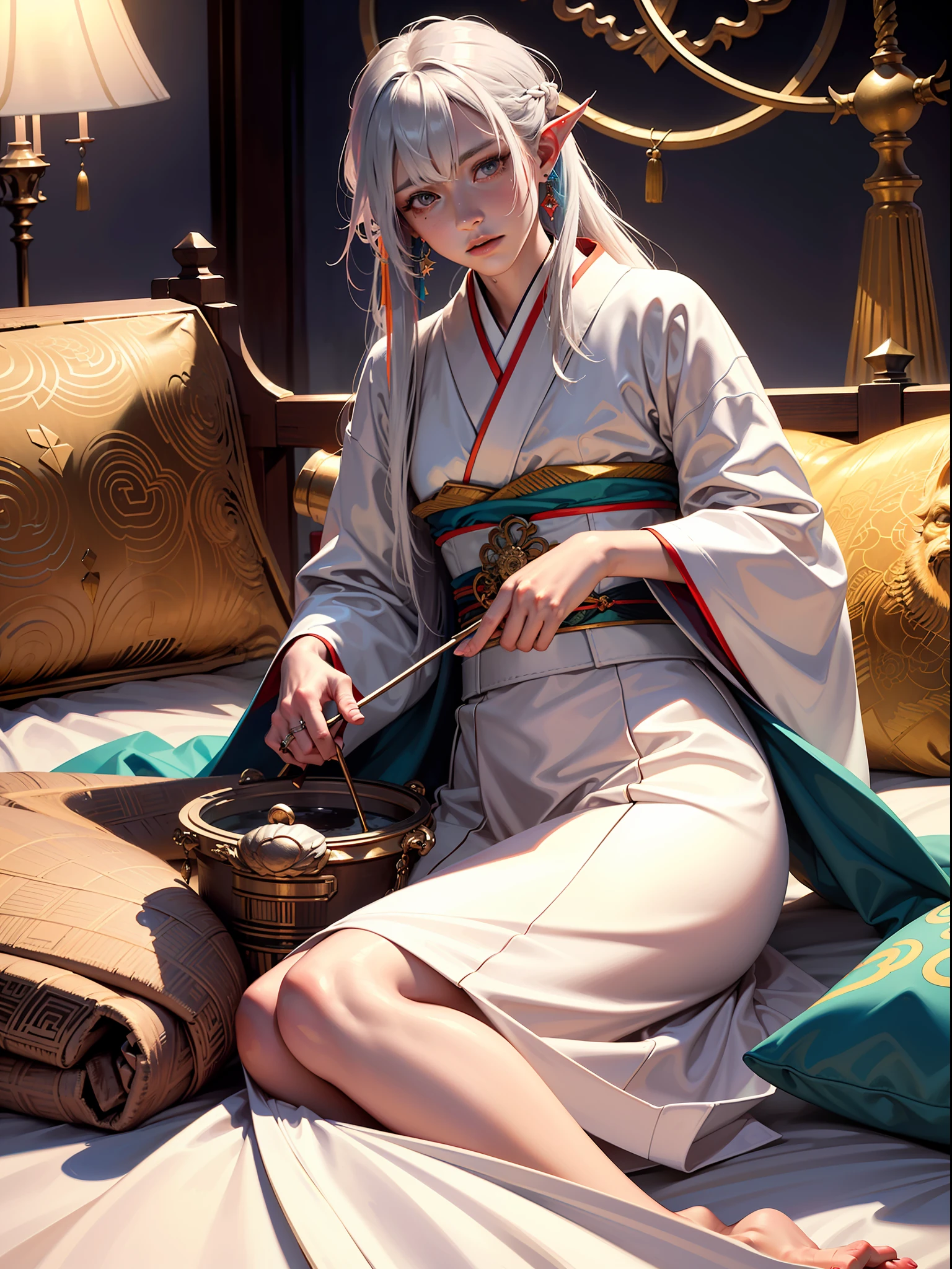 Concept Art, "1 Couple, Male Focus, Fin Ears, Multicolored Hair, Handsome Boy, Long White Hair, Tassels, Bangs, Carp, Colorful, Bold Colors, White Kimono, (Open) Kimono, Traditional Chinese Clothing, Close-up, Intimate Interaction in Bed, Stud Earrings, Rings, Sweat, Illuminate People", Colorful, Master Composition, Focus on Key Figures, Realism, Masterpiece, Award-Standing, Best Quality, Masterpiece, Ultra Detailed, 8K, Extremely Detailed CG Unity 8k wallpaper, complex, highly detailedrealistic