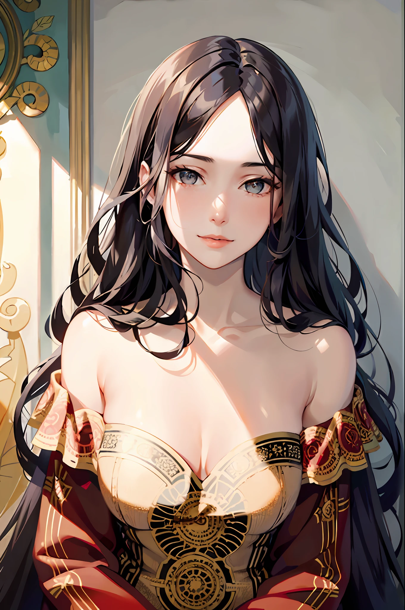 Portrait of the face of a European woman , long curly black hair, collarbone, red, floral frame, decorative panel, abstract, transparent cheongsam, human wife, magic array in the eyes, happy,
Realism, art, Alphonse Mucha
(Masterpiece, Best Quality, High Resolution: 1.4), Detail, Intricate Detail, 4K, Color Splash, Line Art, Fibonacci,