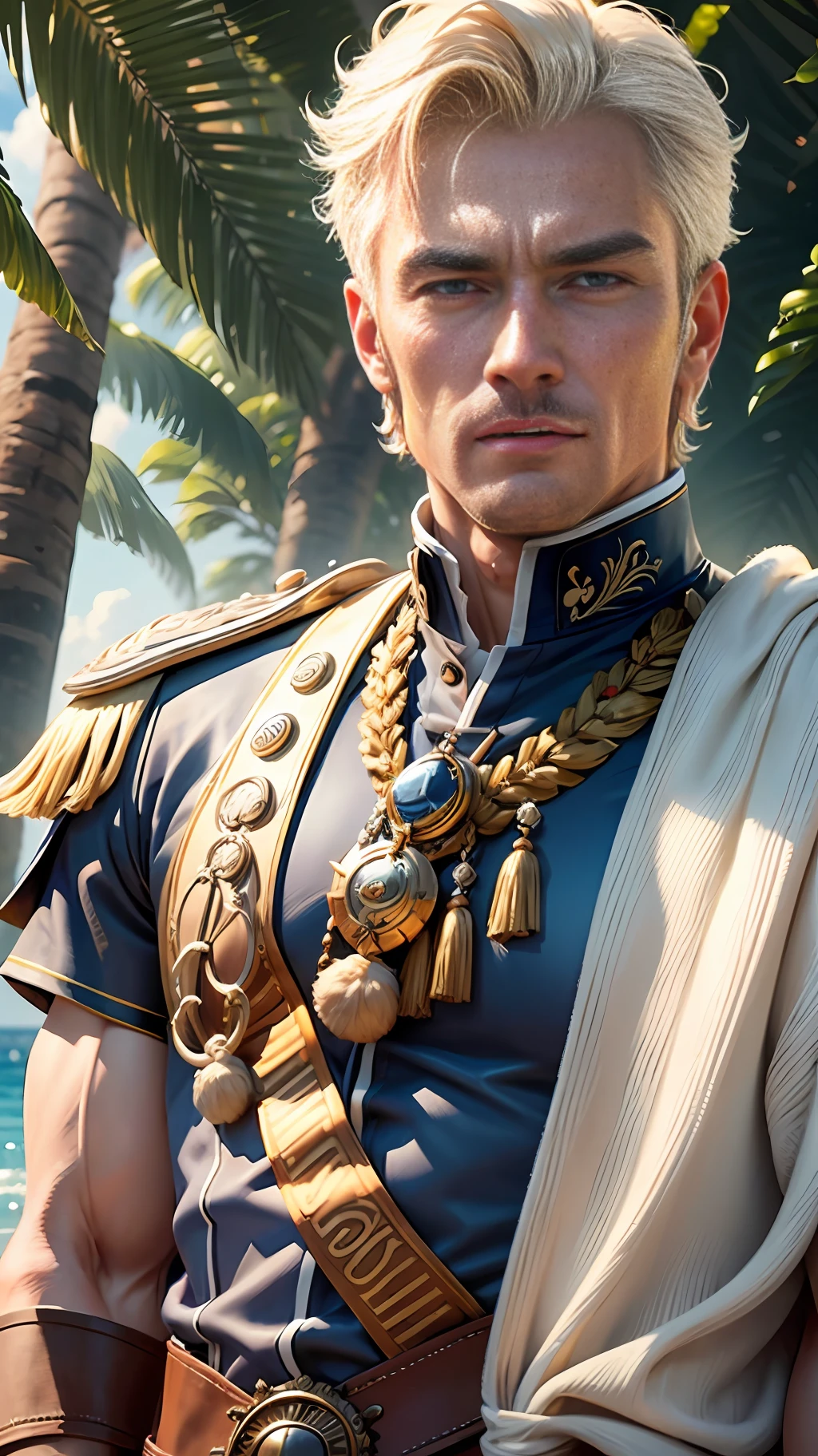 (masterpiece, best quality), 1 male, mature, aged up:1.4, tall muscular guy, broad shoulders, finely detailed eyes and detailed face, extremely detailed CG unity 8k wallpaper, intricate details, Fantasy, royal, nobleman, Admiral, short hair, blonde hair, blue eyes, fleet commander, navy, commander, white uniform, ocean, cloudy sky, wave --auto --s2
