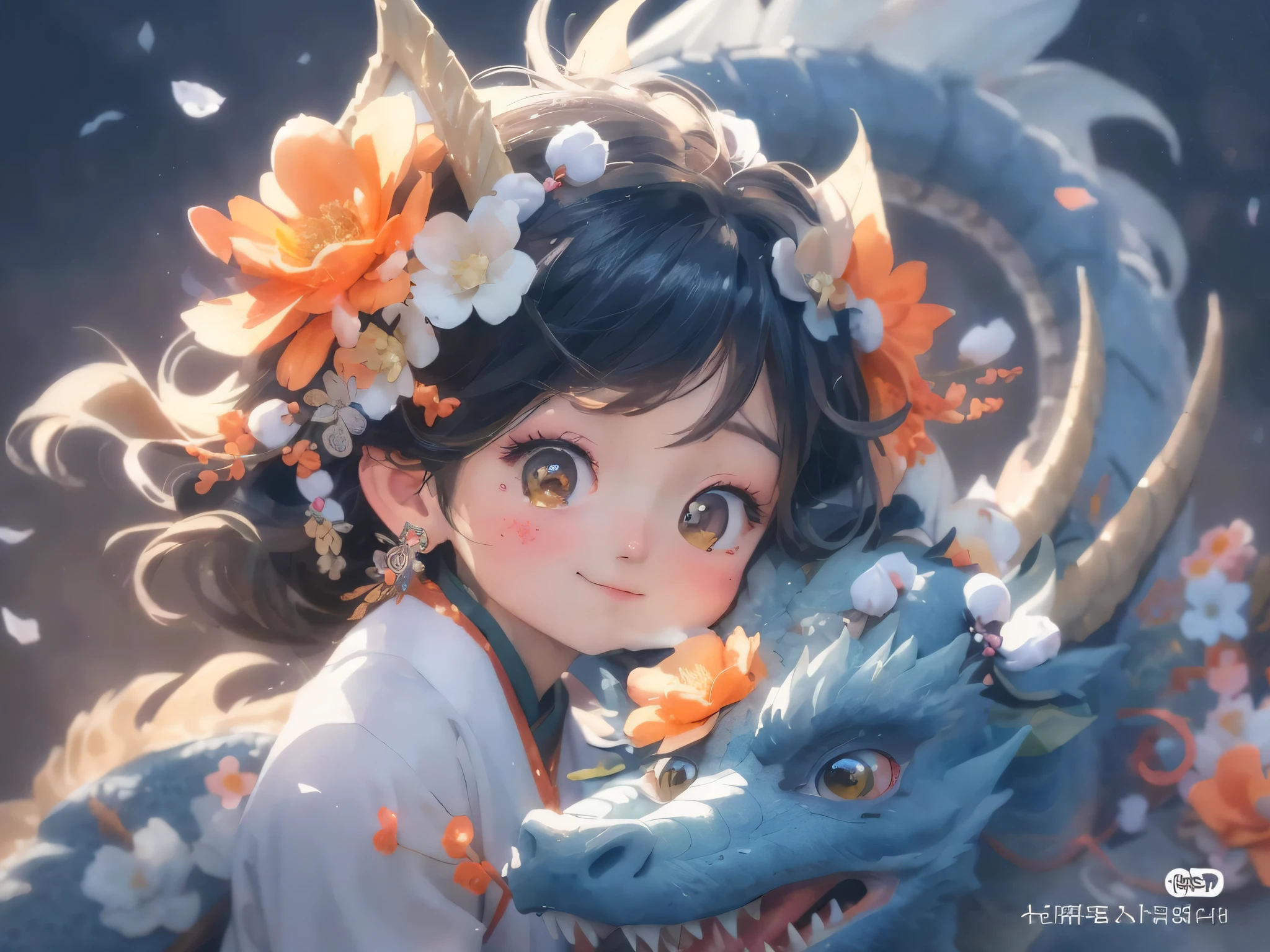 anime girl with a dragon and flowers in her hair, artwork in the style of guweiz, by Yang J, by Li Song, the dragon girl portrait, cute detailed digital art, by Li Fangying, anime illustration, artgerm and atey ghailan, dragon girl, anime style 4 k, detailed digital anime art, beautiful character painting, anime fantasy illustration