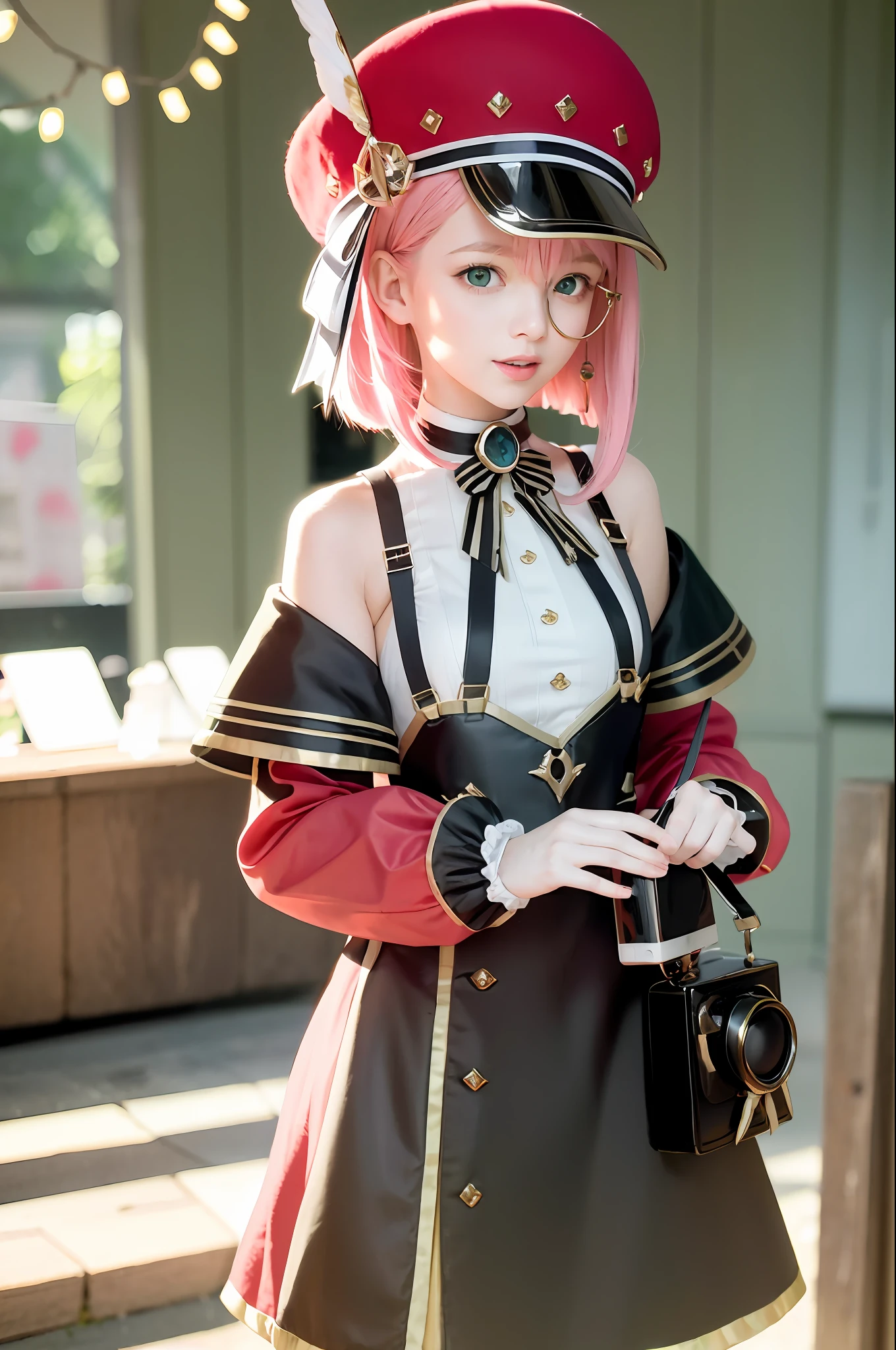 masterpiece, best quality,indoors, (crowd:1.4),cosplay,1girl, pink hair, hat, camera,holding camera,solo, gloves, green eyes, white gloves, holding, red headwear, smile, bare shoulders, bangs, looking at viewer, detached sleeves, :d, long sleeves, ribbon, white shirt, upper body, beret, virtual youtuber, sleeveless, medium hair, shirt, sparkle, blush, cabbie hat, monocle, short hair, sleeveless shirt,