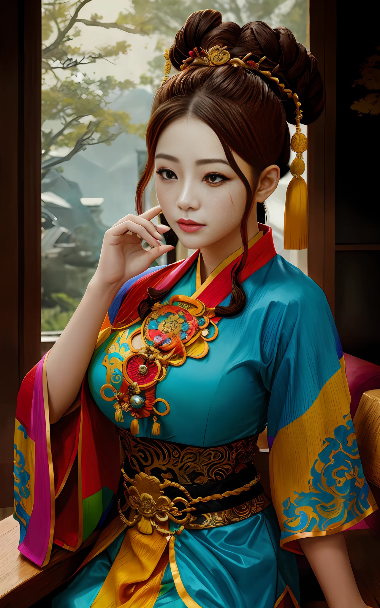 Low saturation, colorful low-cut bursting breast Tang costume, hairstyle coiled into a high bun, ancient rendering, Yang Guifei, plump and luxurious, Tang Dynasty costume