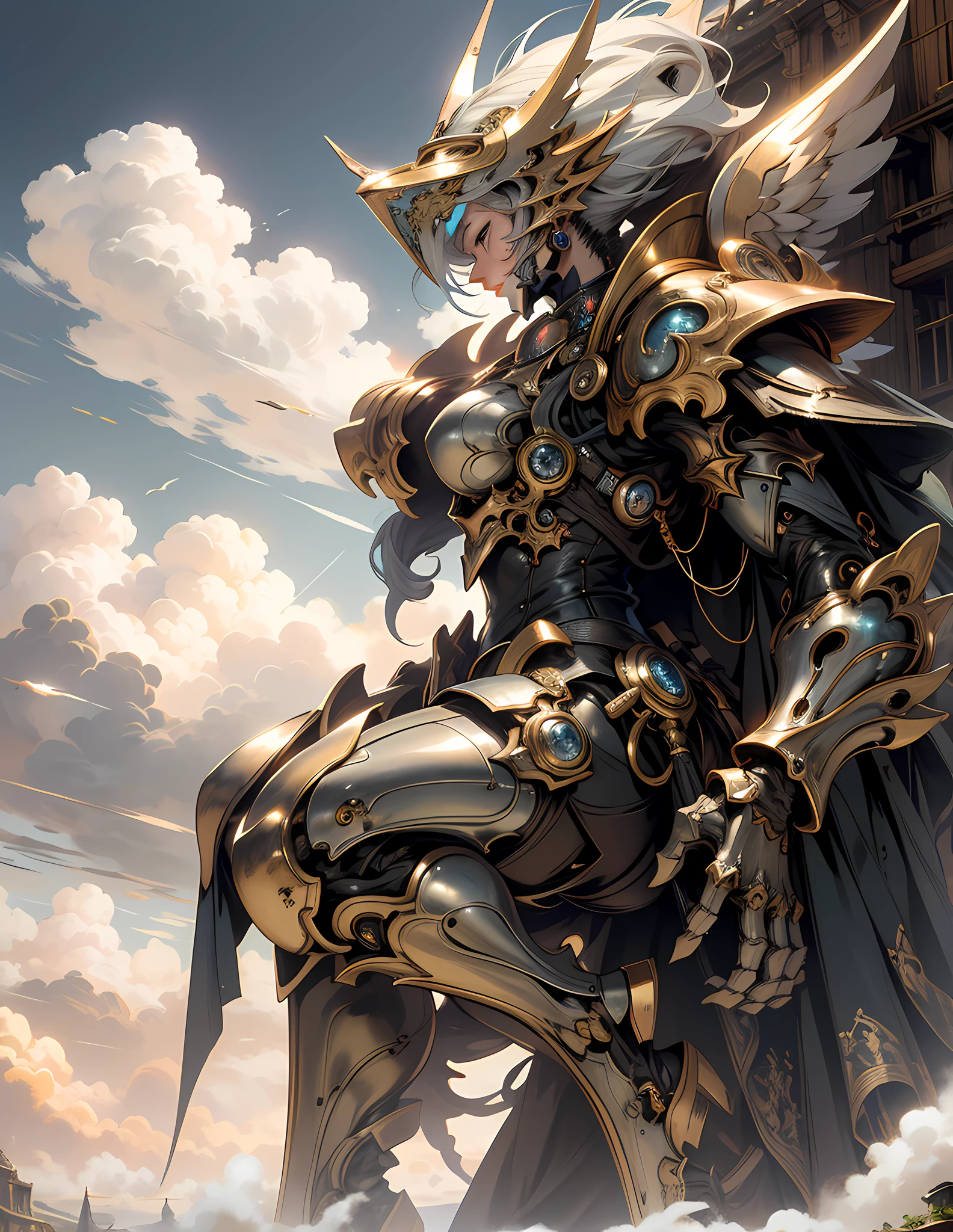 ((Best Quality)), ((Masterpiece)), (detailed), Giant Mech, Movement of Spreading Arms, Strong Oppression, Super Huge, Castle, Perched on Clouds, (Fantasy Illustration: 1.3), Enchanting Gaze, Otherworldly Charm, Mysterious Sky, (Luis Royo: 1.2), (Yoshitaka Amano: 1.1), Moonlit Night, Soft Colors, (Detailed Cloud View: 1.3), (High Resolution: 1.2), 8K