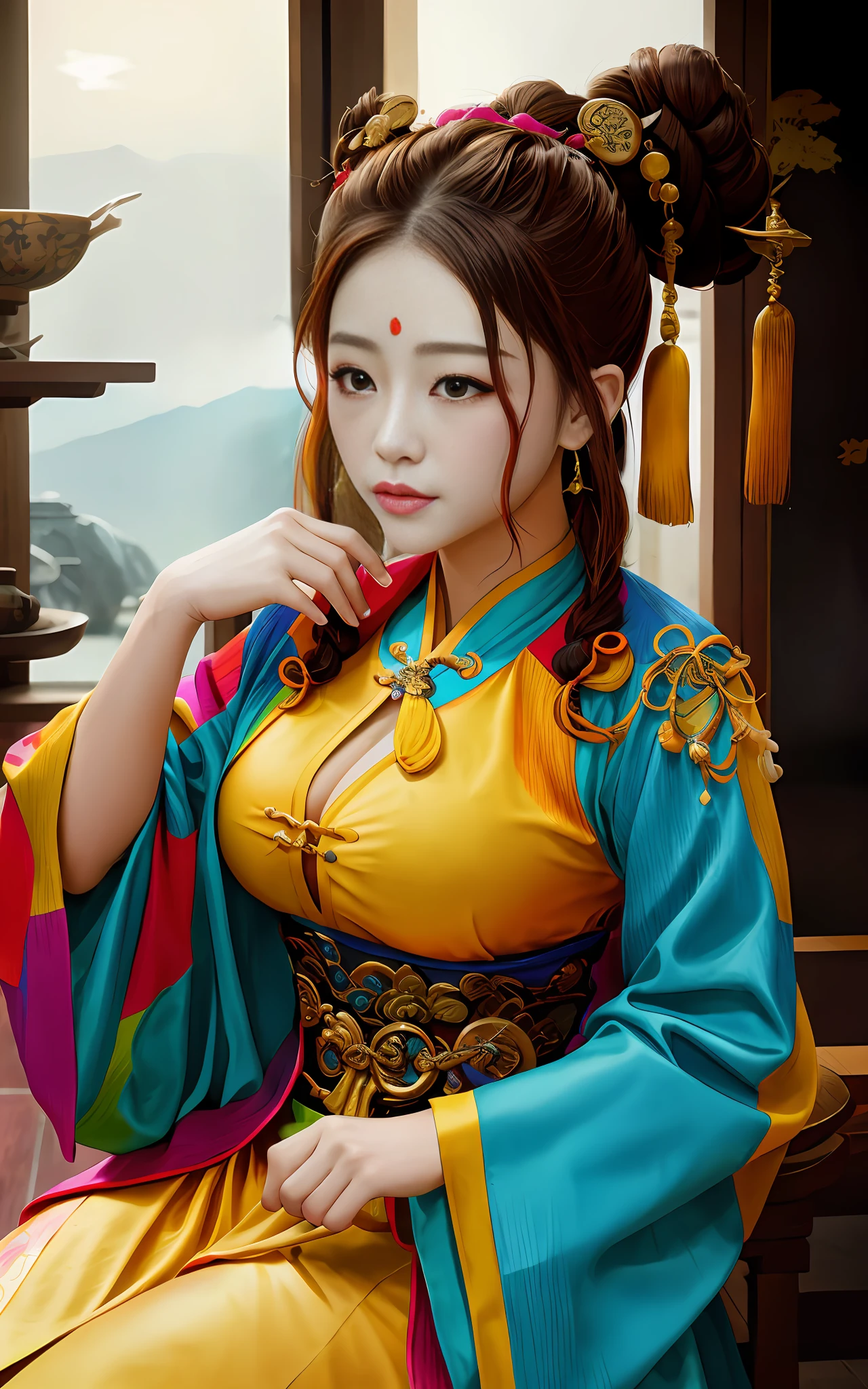 Low saturation, colorful low-cut bursting breast Tang costume, hairstyle coiled into a high bun, ancient rendering, Yang Guifei, plump and luxurious, Tang Dynasty costume