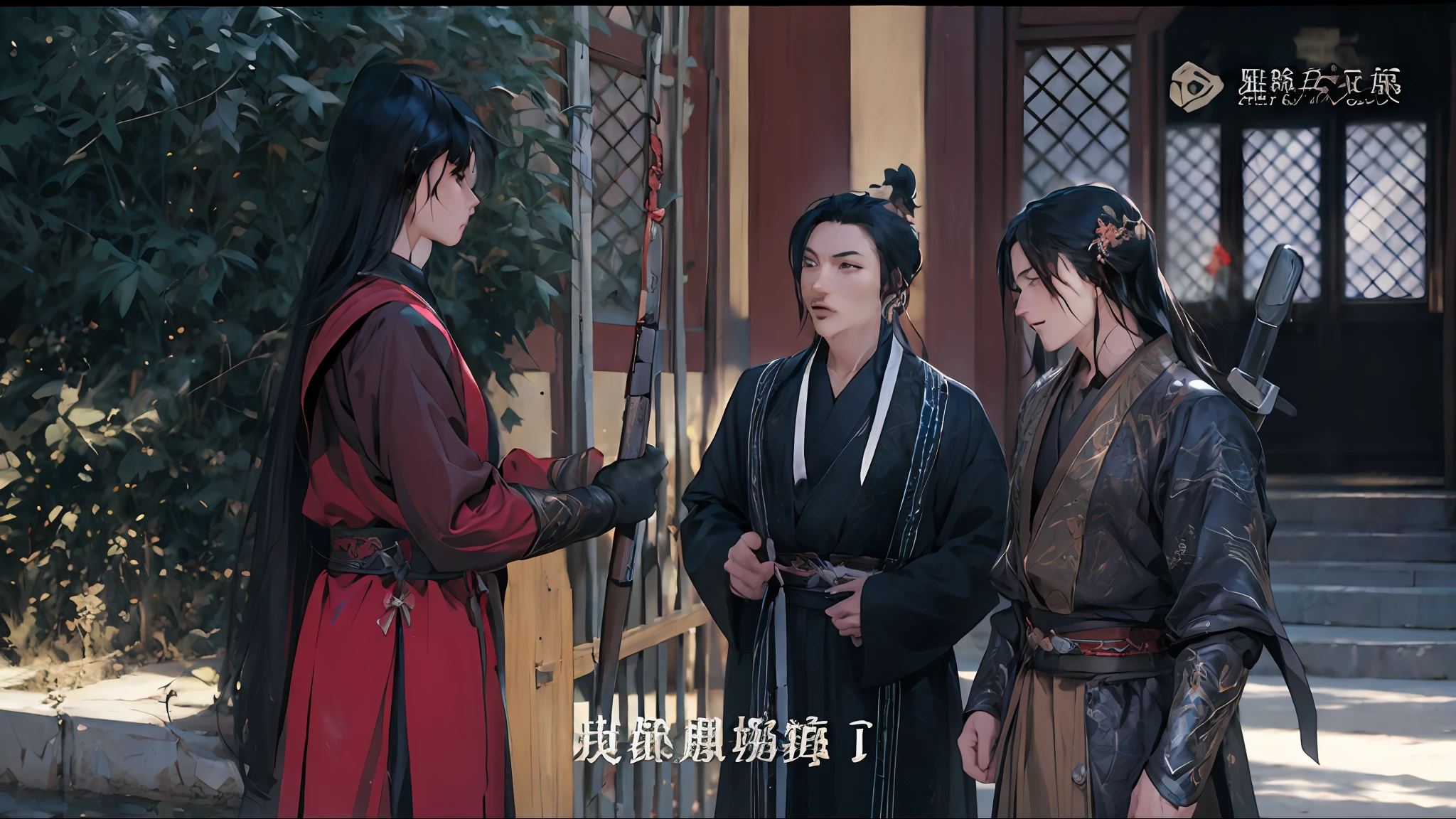 Men, red-robed man with gun, fairy hero, martial arts, long black hair, close-up, three-dimensional facial features, masterpiece, perfect light and shadow,