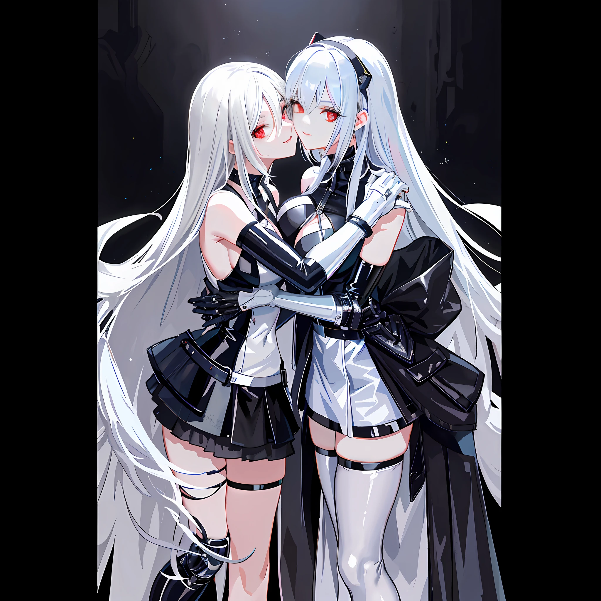 They are two women in latex hugging and kissing posing for photos, black and white tight robes! , White Haired Tifa Lockhart, inspired by Wang Duo, 2b, 2 b, two beautiful anime girls, opai cyberpunk, ((Misa Aman #)), white and black, two-tailed white_gloves, biomechanics Oppai, Neil 2 b