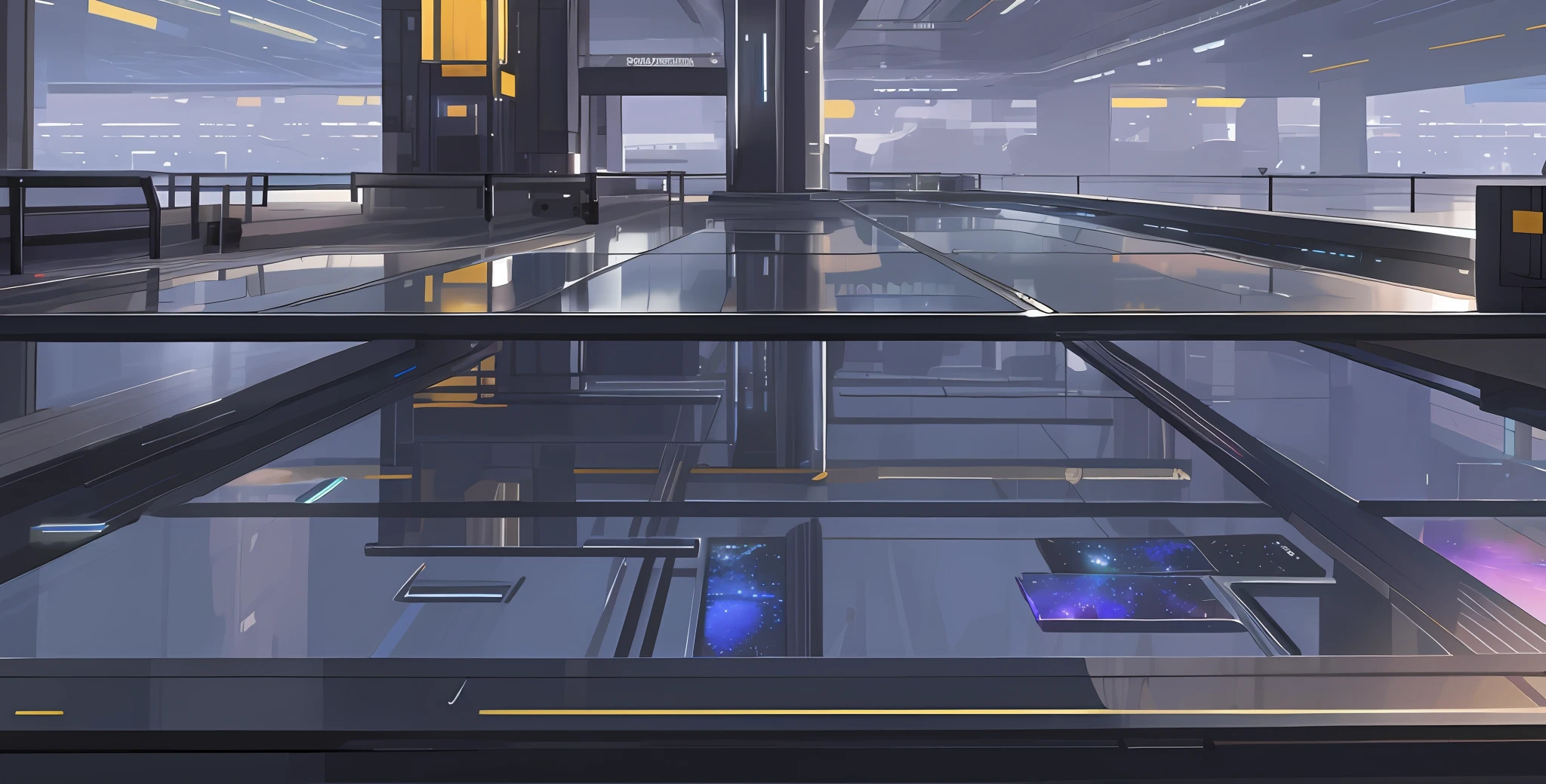Technology sense glass floor, outdoor scene science fiction dock scene, full of technology, empty glass floor, modern, rich in details, glass, HD