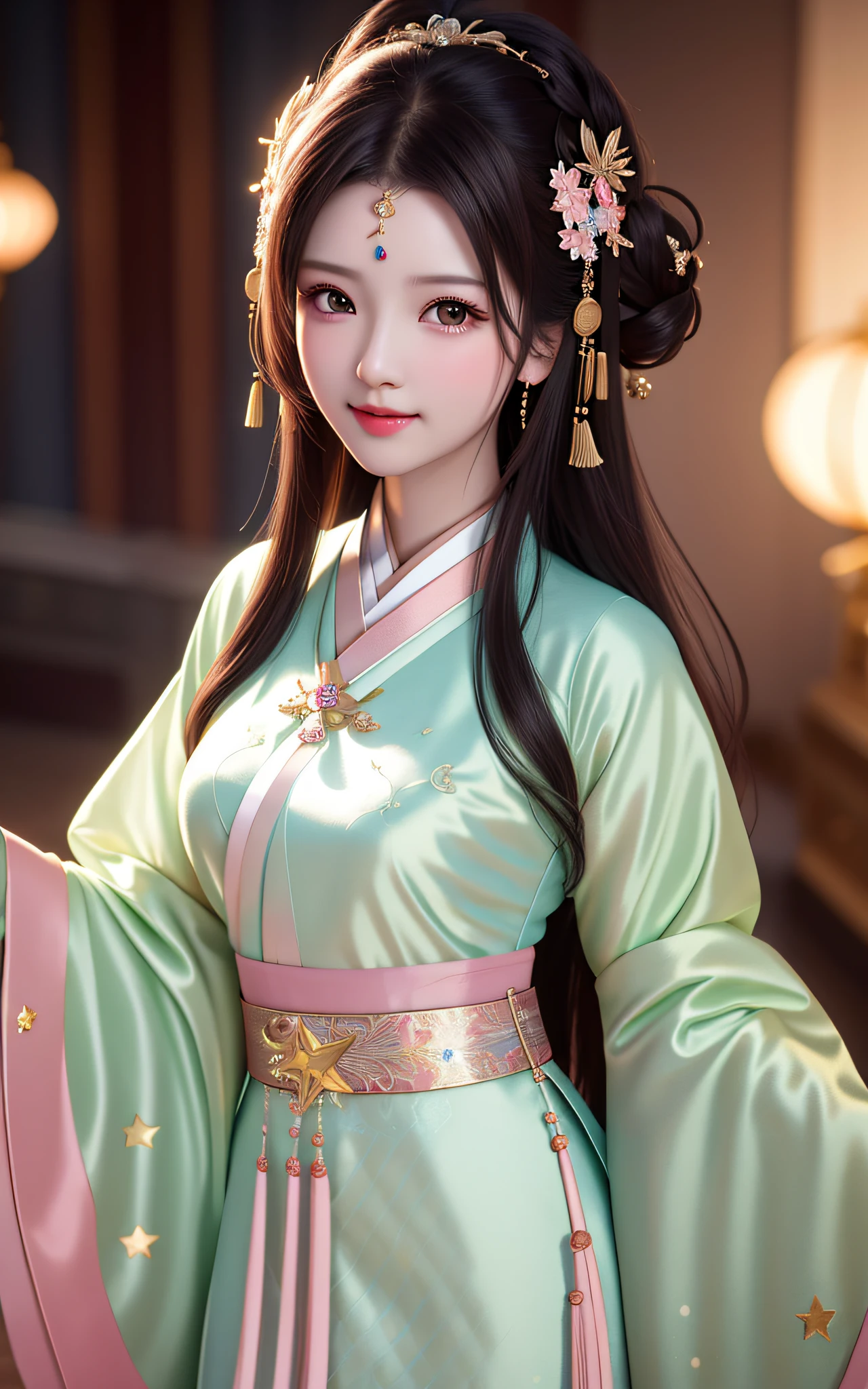 best quality, masterpiece, highres, 1girl,blush,(seductive smile:0.8),star-shaped pupils,china hanfu,hair ornament,necklace, jewelry,Beautiful face,upon_body, tyndall effect,photorealistic, dark studio, rim lighting, two tone lighting,(high detailed skin:1.2), 8k uhd, dslr, soft lighting, high quality, volumetric lighting, candid, Photograph, high resolution, 4k, 8k, Bokeh