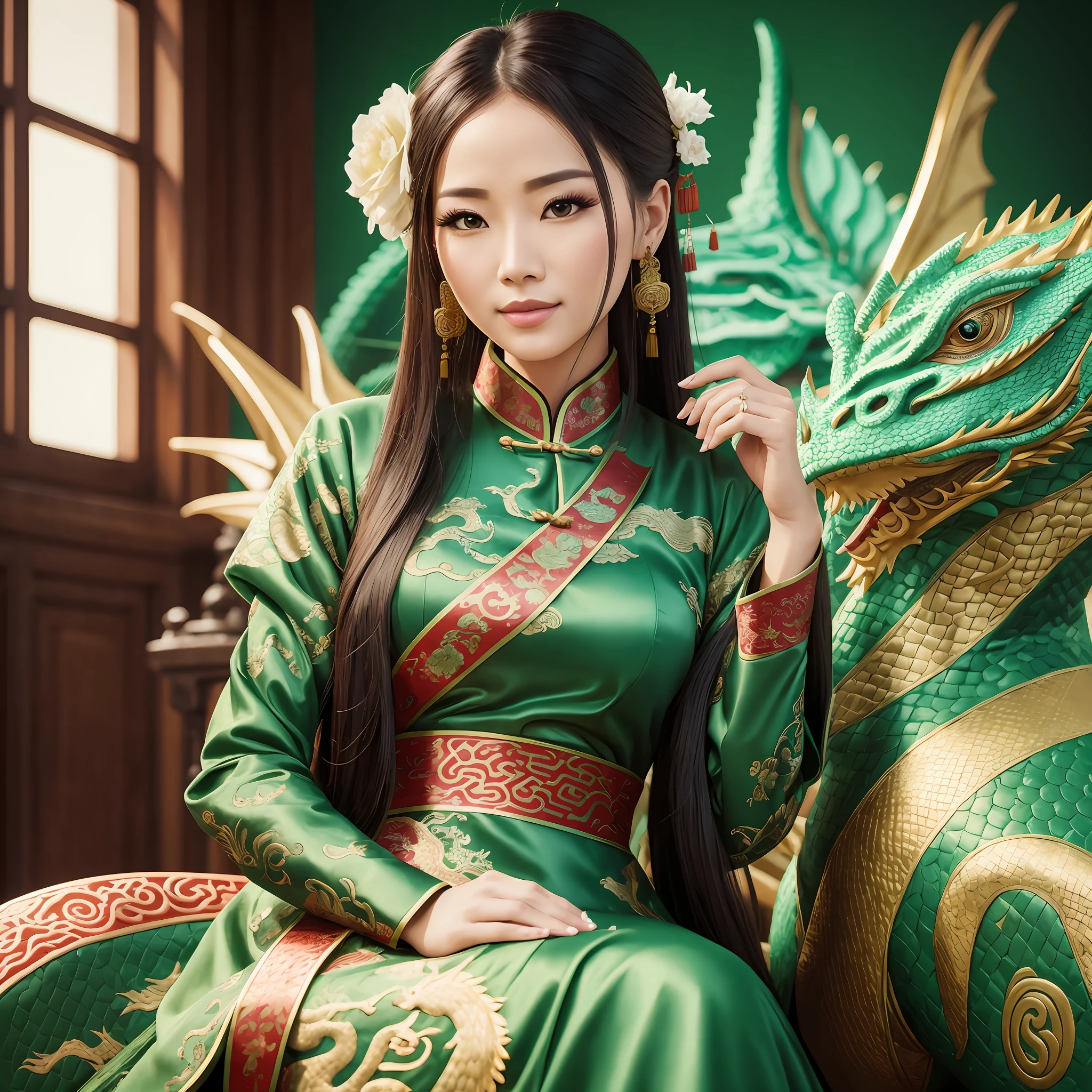 Portrait commercial photography, a beautiful woman sitting next to a Chinese dragon, green, exquisite clothing, intricate world style --auto --s2