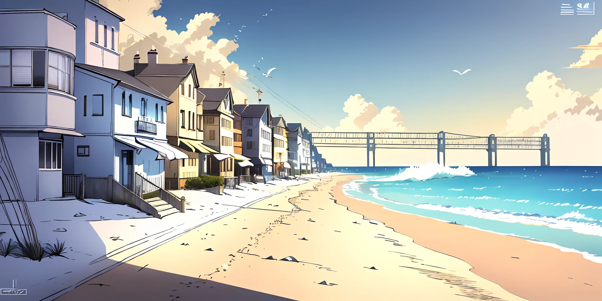 Seaside town, quiet and warm, waves crashing on the shore, soft sun, golden sand, anime. Scene arrangement: the waves are clear, sparkling, bright sunshine, gray and white kites hanging in the sky, white houses are lined up on both sides of the street, depicting a cozy town embraced by the sun and sea breeze, nature, warmth, relaxation.