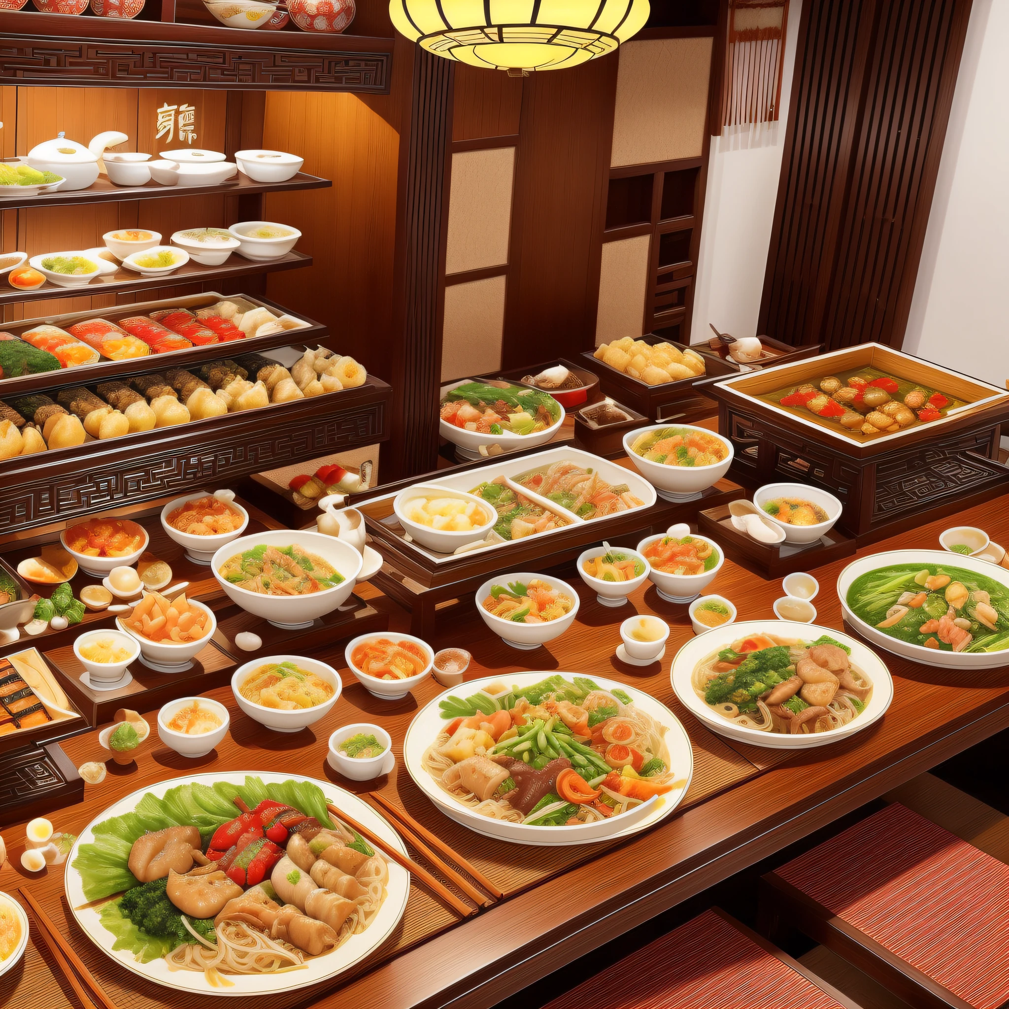 (Traditional Chinese cuisine + Japanese fusion cuisine: 1.3+ cuisine), (buffet + feast), the table is full of ultimate deliciousness, wonderful dishes, and you are at the table with Arapei and Chinese, the white in front of the table, artistic masterpieces ❤️🔥🍄🌪️.
