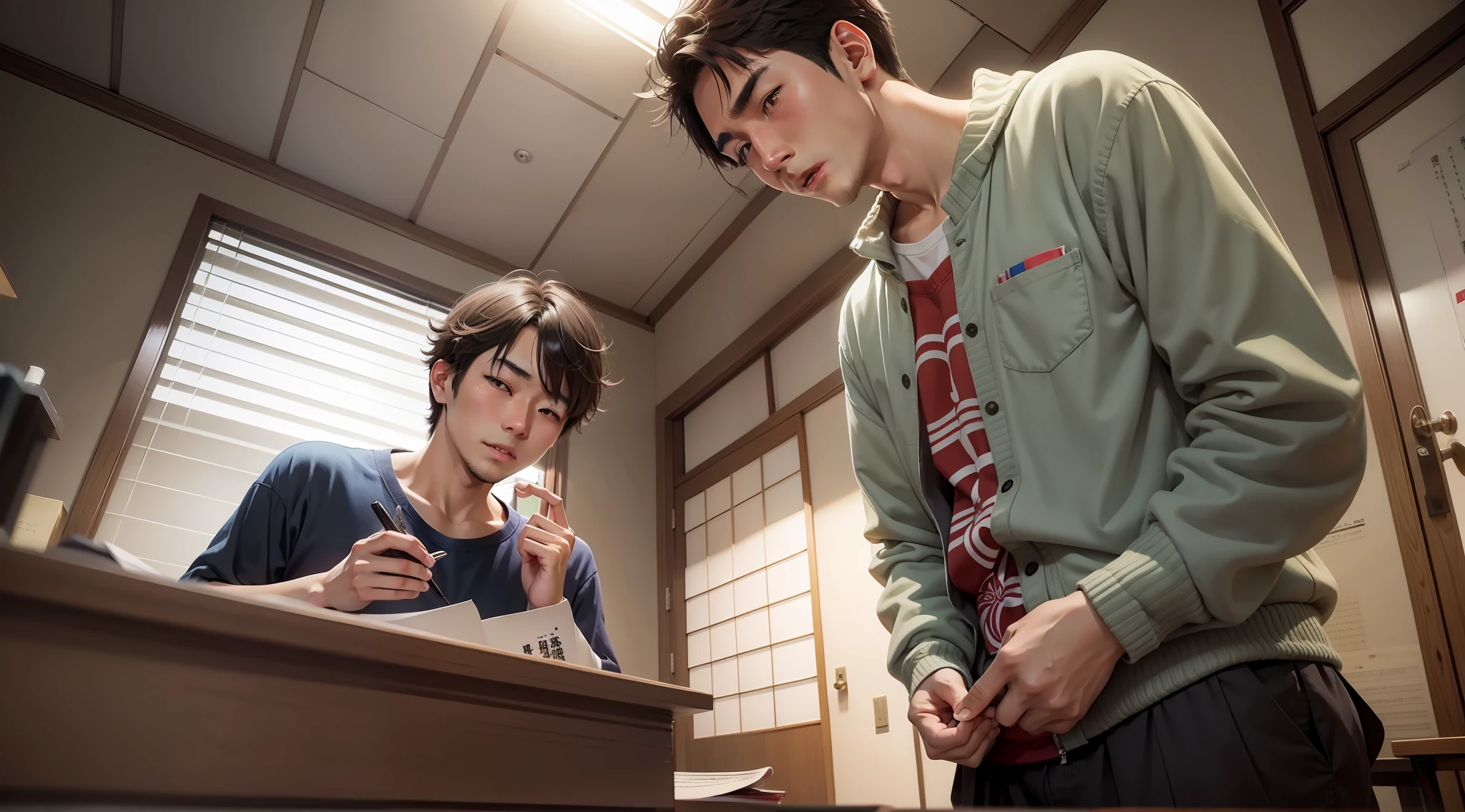 Japan male college students in plain clothes in a room flipping through a list.