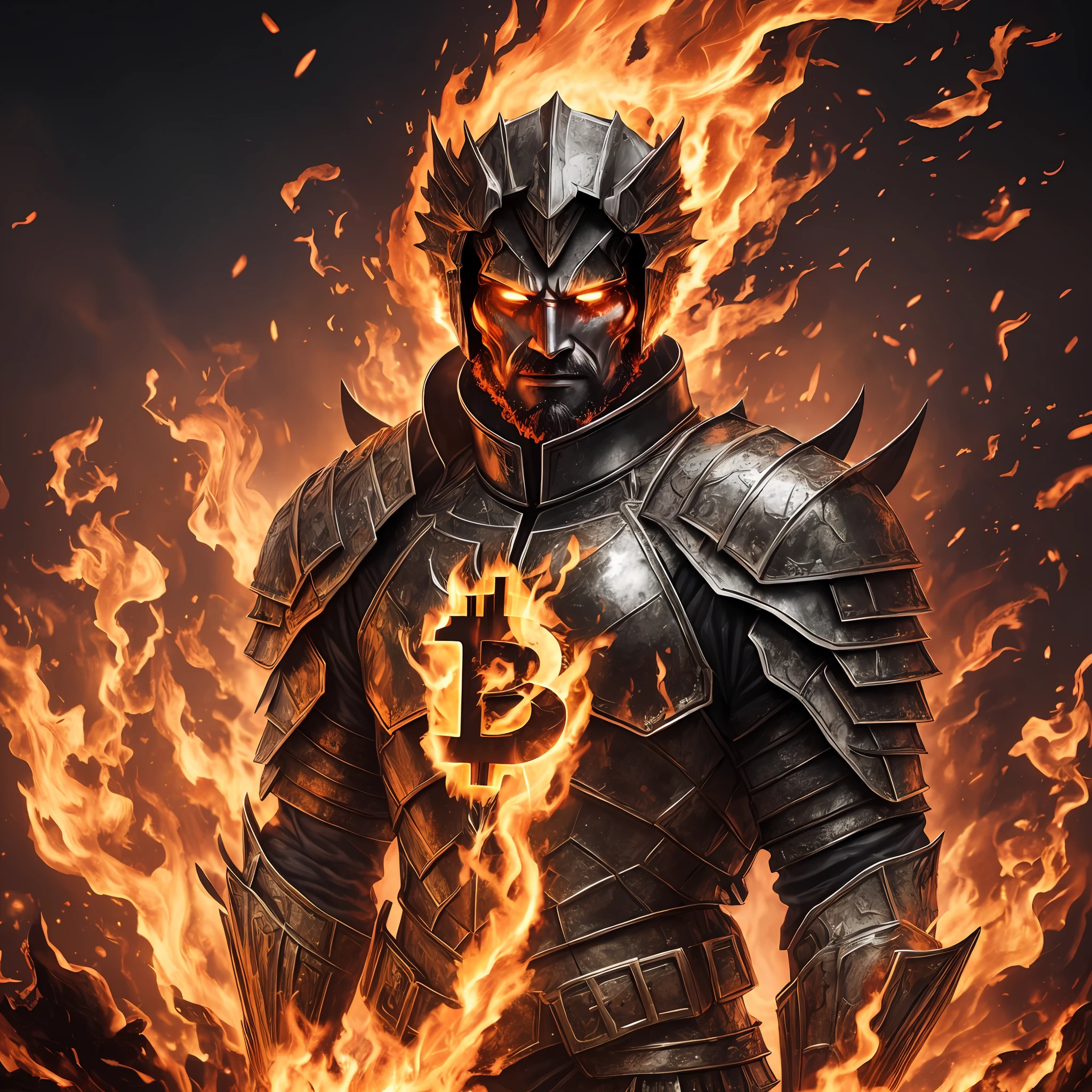 A man in demonic armor blended with bitcoin logo, with fire coming out of him, in a devastated place --auto --s2