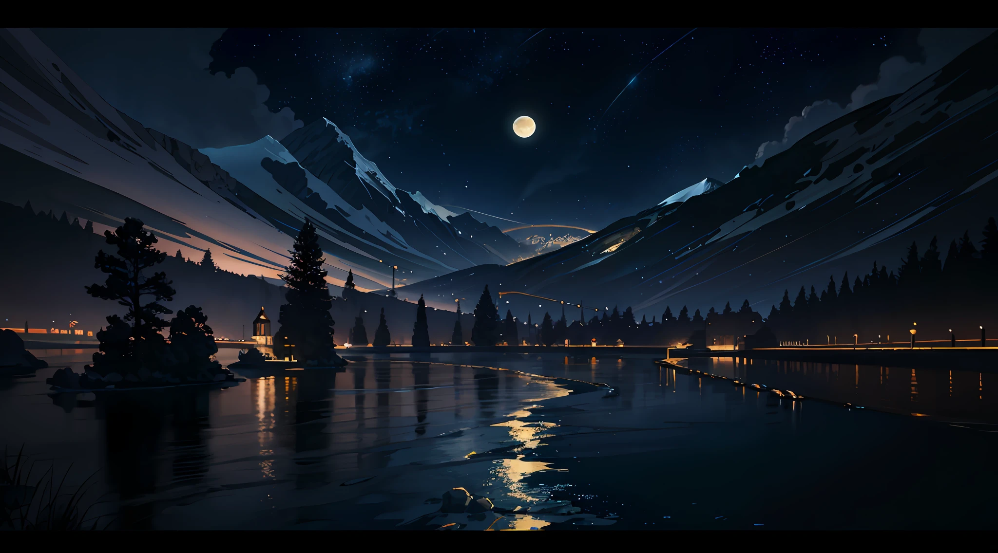 A painting of a river with stars and moon in the sky, concept art inspired by Tosa Mitsuoki, pixiv contest winner, best quality, fantasy art, beautiful anime scene, a bright moon, moonlit starry environment, dream painting, Anime Background Art, Fantasy Landscape Art, Fantasy Night, Anime Background, Background Artwork, Fantastic Art, Atmospheric Anime, Starry Sky, Detail Enhanced.