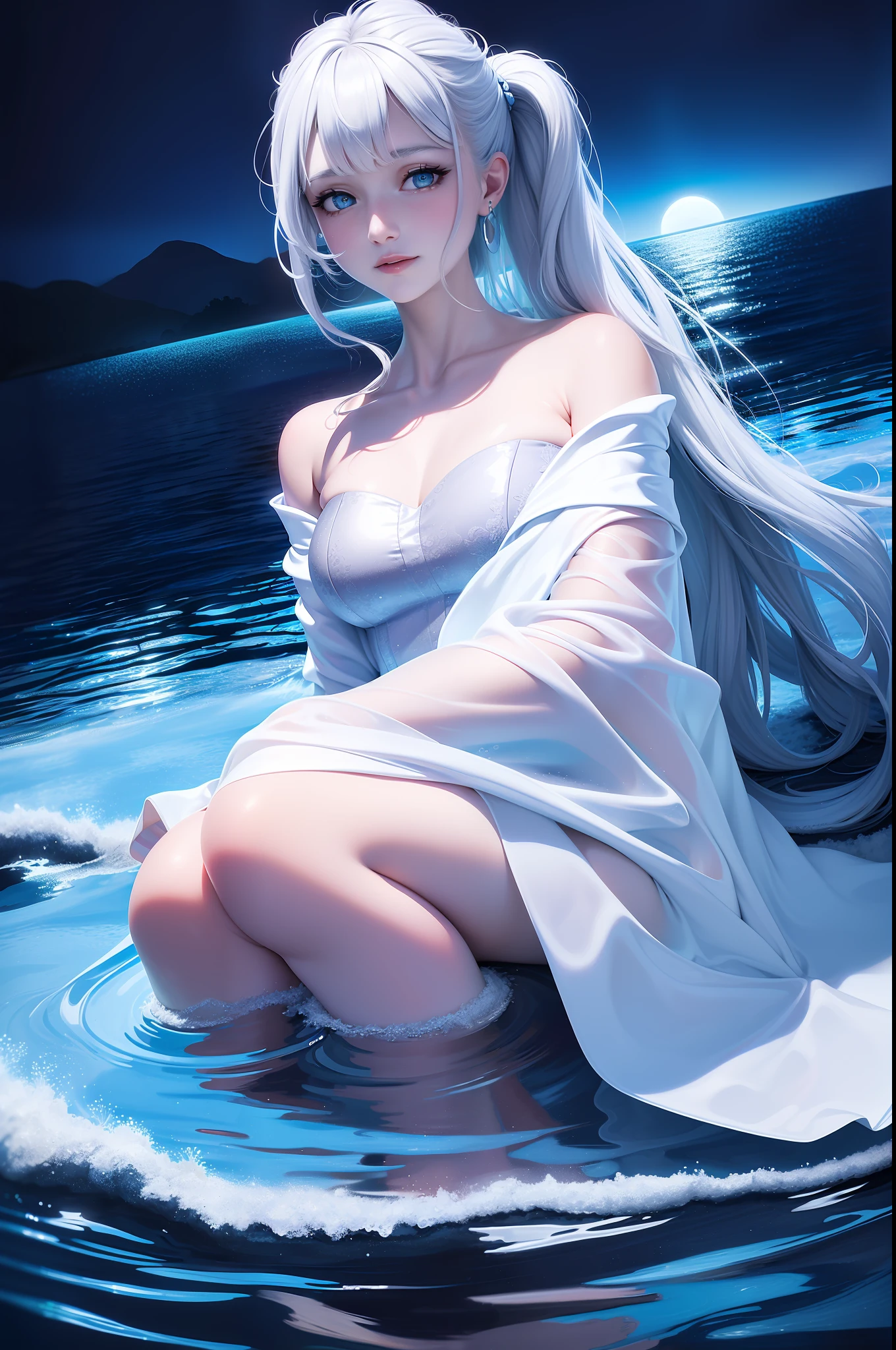 Masterpiece, below the surface of the water (best quality: 1.2), (super fine: 1.2), illustration, (extremely refined and beautiful: 1.2), cinematic angle, floating, (beautiful detail eyes: 1.1), (detail light: 1.1), cinematic lighting, delicate sky, woman, white hair, blue eyes, (high ponytail: 1.1), cape, glowing eyes, (moon: 1.2), (moonlight: 1.1), underwater, (light particles: 1.1), water waves, snow painting, sketch, bloom