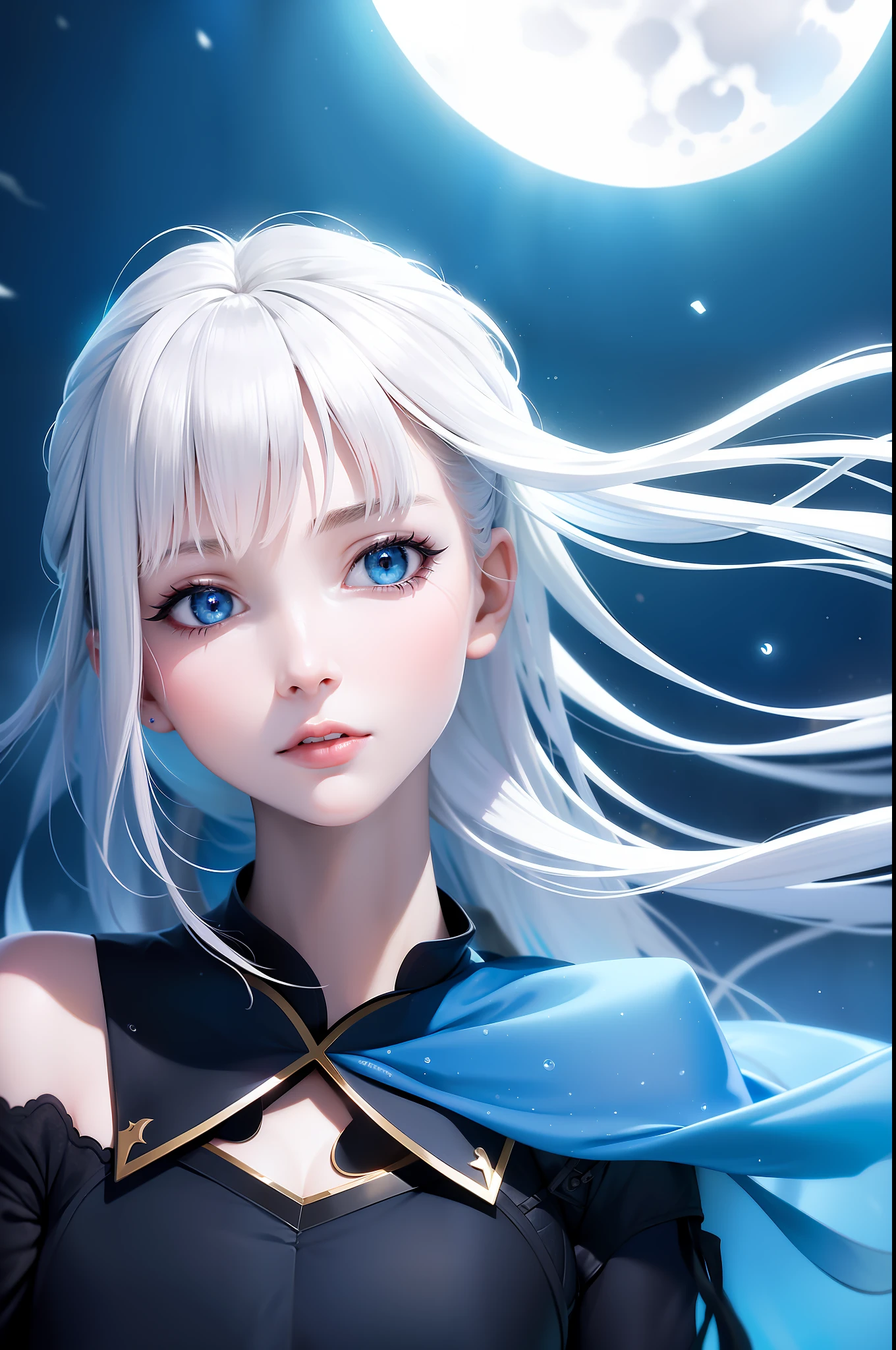 Masterpiece, below the surface of the water (best quality: 1.2), (super fine: 1.2), illustration, (extremely refined and beautiful: 1.2), cinematic angle, floating, (beautiful detail eyes: 1.1), (detail light: 1.1), cinematic lighting, delicate sky, woman, white hair, blue eyes, (high ponytail: 1.1), cape, glowing eyes, (moon: 1.2), (moonlight: 1.1), underwater, (light particles: 1.1), water waves, snow painting, sketch, bloom