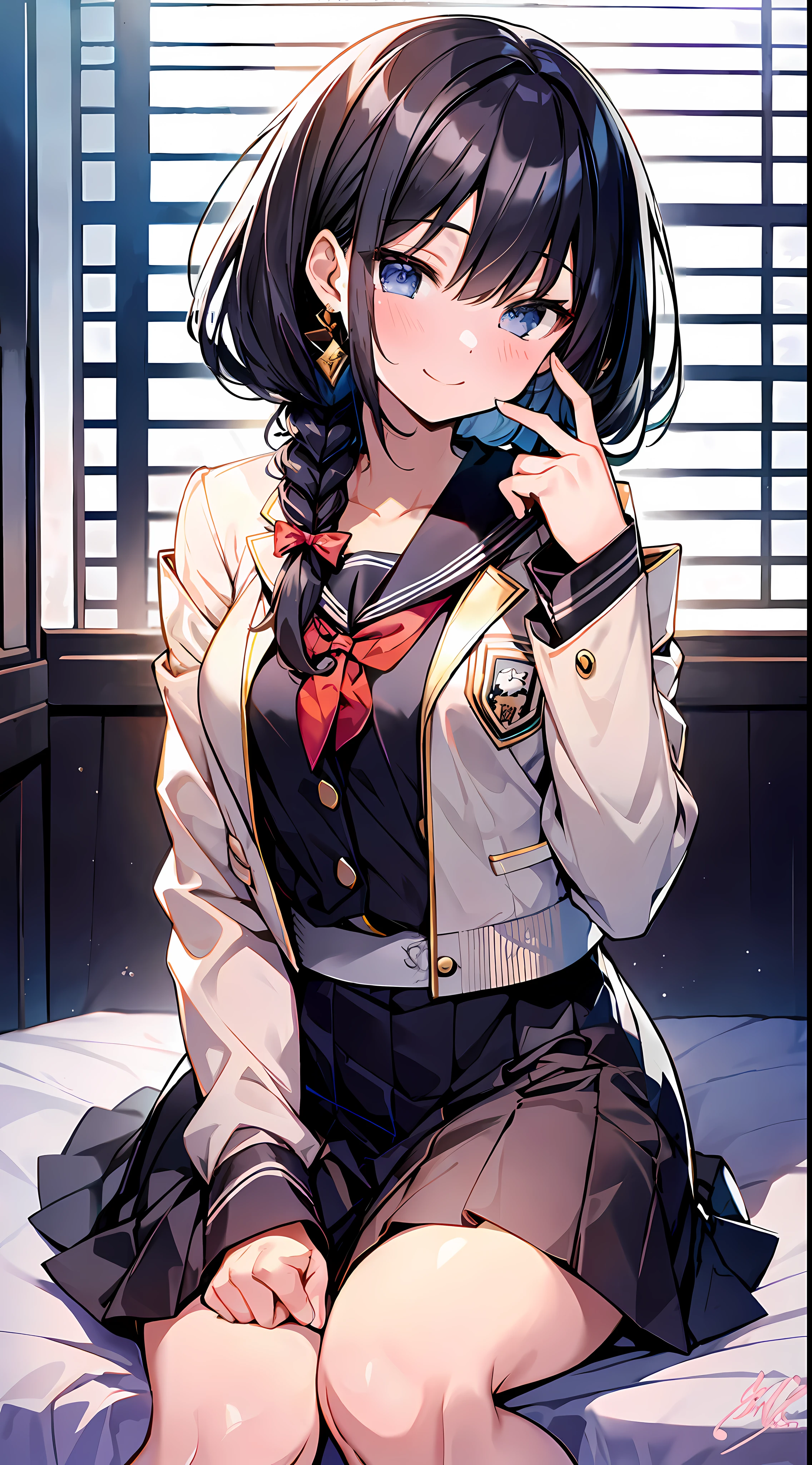 (Incredibly Absurdres Absolutely Resolution: 1.5), Top Quality, Masterpiece, Ultra High Resolution, 8K, Early Summer, (School Uniform, Blazer), Shōjo Manga Style Loli, Soft Line Art, Digital Enhancement, Shoujo Manga Touch, Shōjo Manga Core, (Shoulder Length Hair Length and Short Braid)), Soft Drawing, Fluffy, soft, beautiful black hair, clear eyes, ((gentle smile)), ultra-detailed digital anime art, clear face depiction, ultra-detailed shojo manga character art, clear facial features, ultra-detailed manga style, top quality colors, delicateness, hand gestures, angle visible to feet, sitting, classroom, zentangle: 1.3, entangle, beautiful and aesthetic:1.3、High quality:1.3