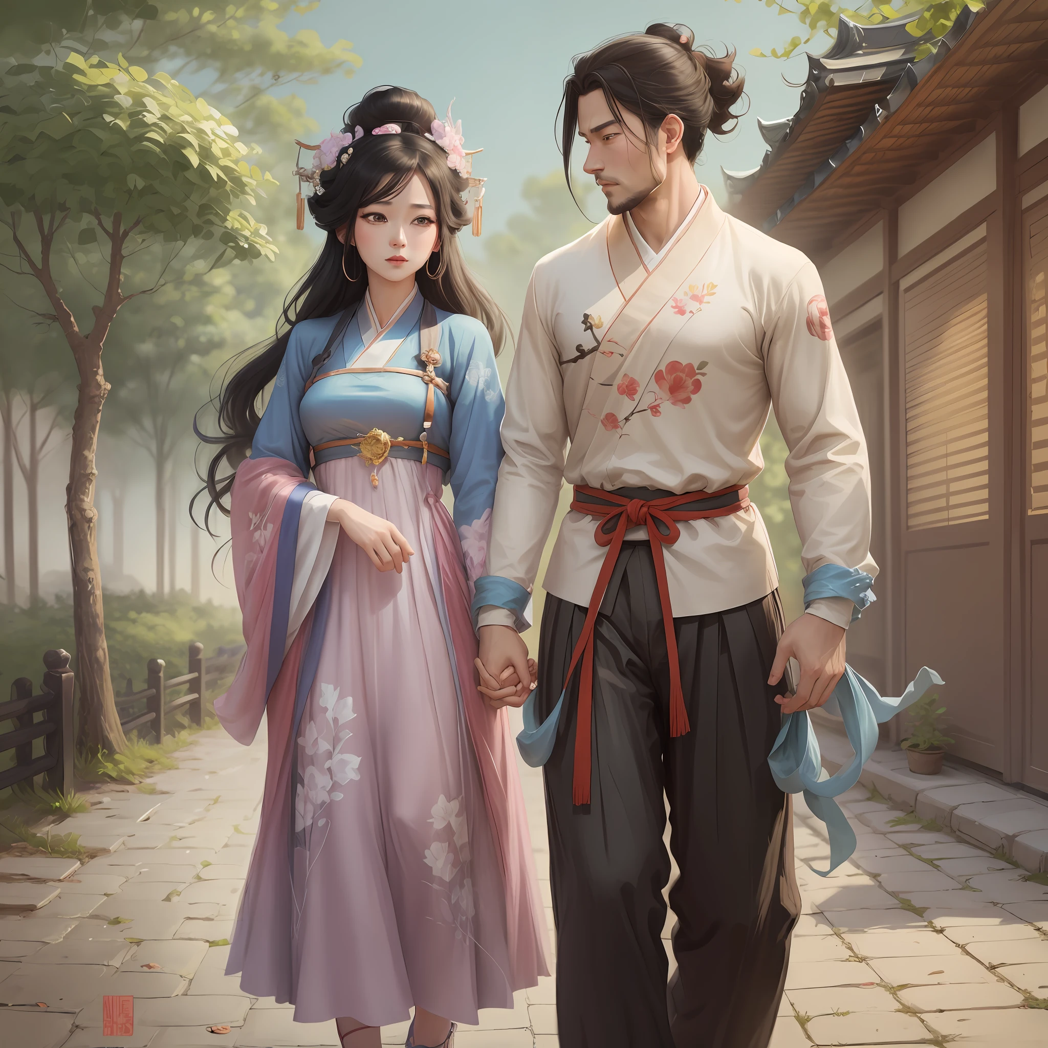 A man and a woman holding hands walking cartoon, couple, men and women in Hanfu cartoon style illustration, background Chinese landscape scenery, there are house cartoon images, cartoon illustrations, cartoon style, hand-drawn cartoon art style, hand-drawn cartoon, by Yi Renmen, cute couple, man and woman, man and woman walking together, 1 9 6 0 cartoon style, two people, cartoon art style, by Yan Hui, 2 people, wearing Hanfu,
