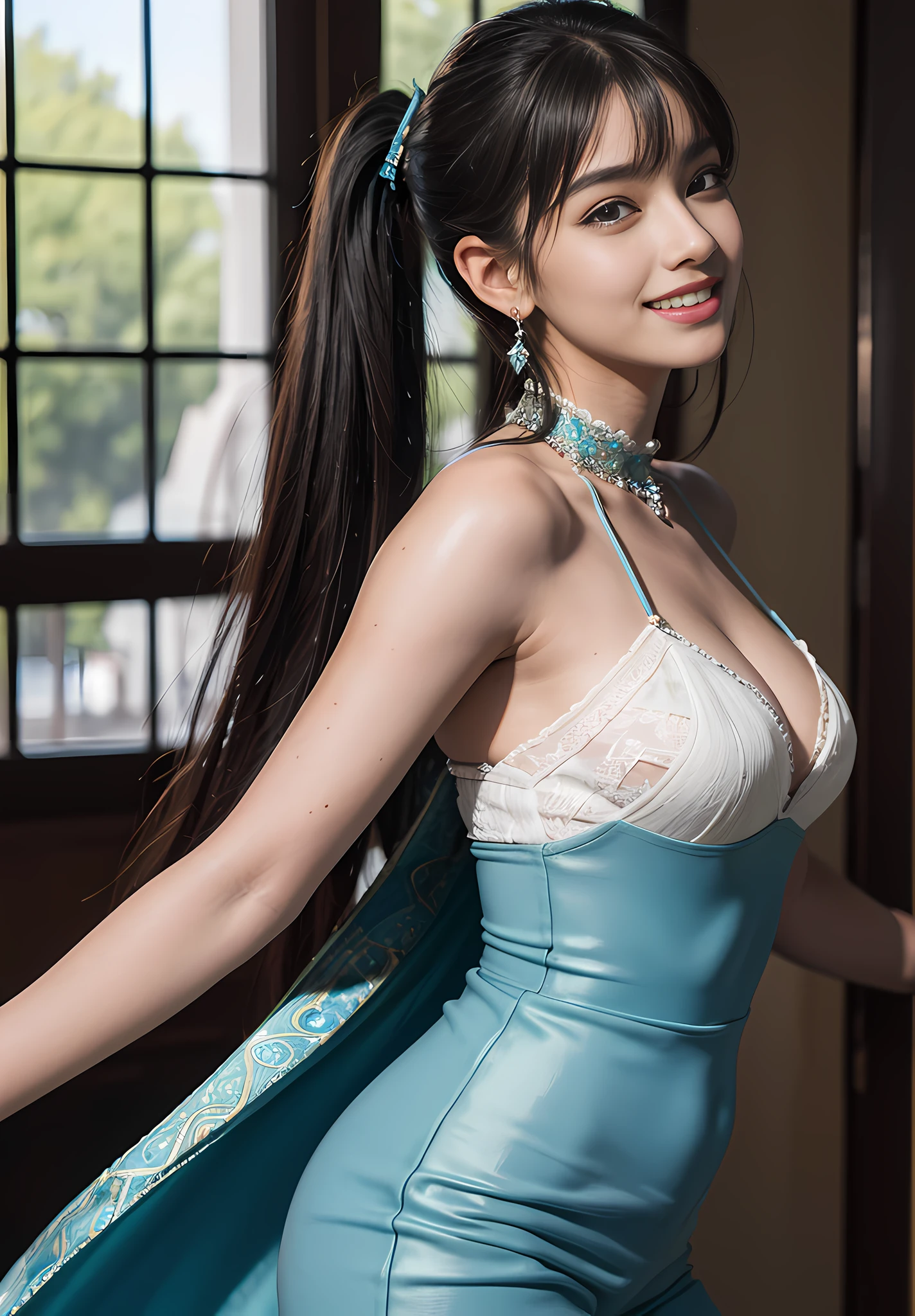 (realistic, photo-realistic:1.37), (best quality:1.4), (ultra high res:1.2), (sharp focus:1.3), (cute:1.1), (cowboy shot:1.38), (gigantic :1.1), (happy smile:1.25), ((absurdly long:1.1) twintails:1.2),narrow waist,BREAK scenery,(Beautiful midday pool background:1.0), (dynamic angle shot:1.31), bangs,beautiful detailed round eyes in highlights, 1girl, ((highest quality)), (Masterpiece)), ((Real), (Real), Dim light, Spooky night, Cathedral, Orange light, (Best Quality, Masterpiece: 1.2), (Real: 1.3), (Soft Saturation: 1.5), (Soft Focus: 1.5), (Detail Background), BREAK(One Beautiful Young Woman), Looking straight at you with serious eyes when viewed from the front, Blake brown hair, blue-black hair, super long-haired, wavy hair, low ponytail hair, bangs by center, beach, resort beach, open terrace, (best quality, masterpiece: 1.2), (Real: 1.3), (Beautiful skin: 1.2), (Ultra detail background, detailed background), Bokeh, Rest (One beautiful young woman), When viewed from the front, the composition is symmetrical. Looking straight at you with serious eyes, dark blue eyes, back hair tied with ribbons, red hair, shiny hair, camisole pants gloves high heel boots, rustic, green, multicolored theme, complex in daytime classroom window, ((Masterpiece)), Ultra high definition, ((Full body))), (from top:1.5)), Angelic, light smile, Detailed chest, (Detailed eyes)), Sharp eyes, Detailed natural skin texture, Detailed hands, intricate detailed fingers and nails, (amazing hairstyle), elegant standing pose, volume lighting, sharp focus, top quality, high resolution, ultra detailed skin, cute, perfect face, shiny skin, short hair, earrings, dress, night scene, face close-up (from side:1.3)