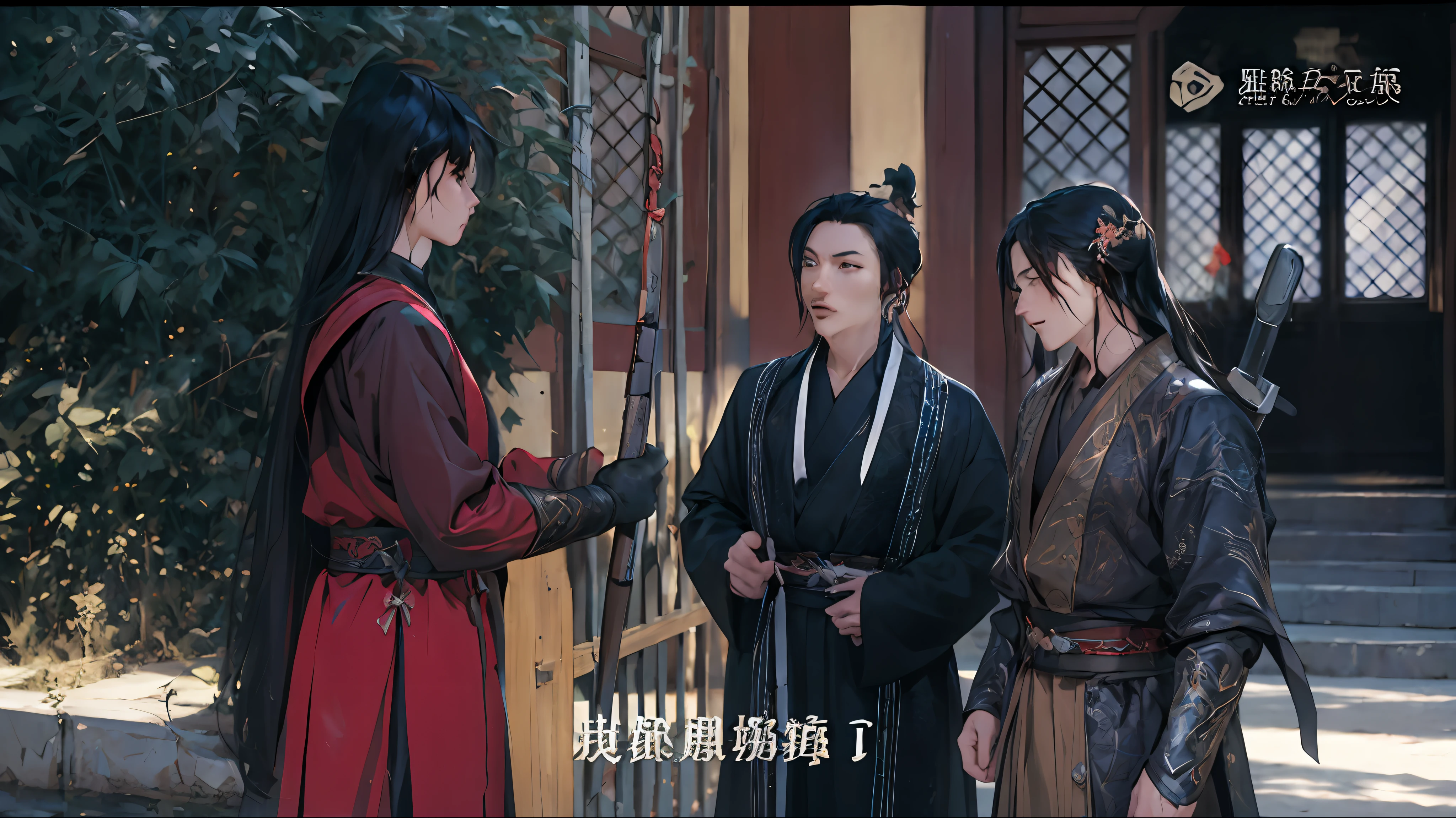 Men, red-robed man with gun, fairy hero, martial arts, long black hair, close-up, three-dimensional facial features, masterpiece, perfect light and shadow,