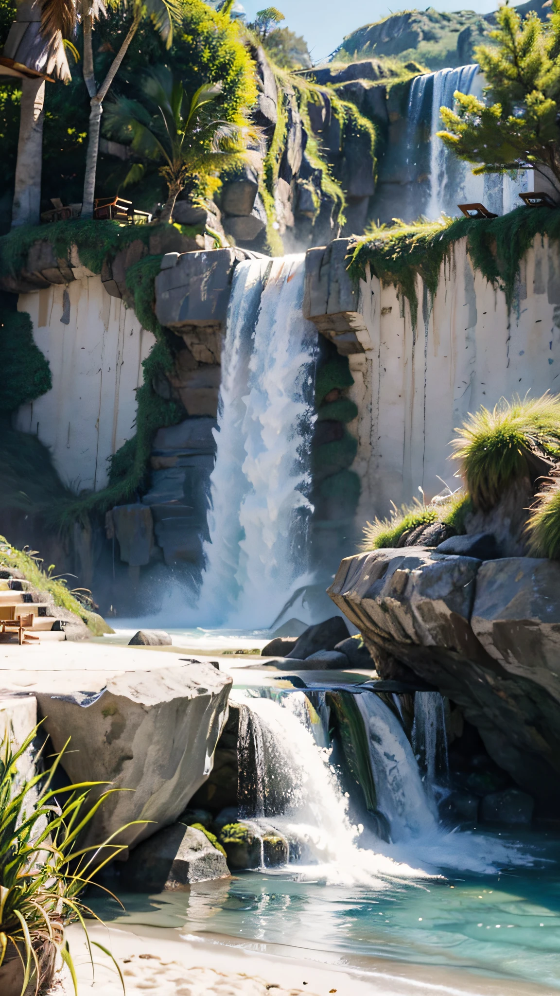 A beachside waterfall paradise civilization. Digital art