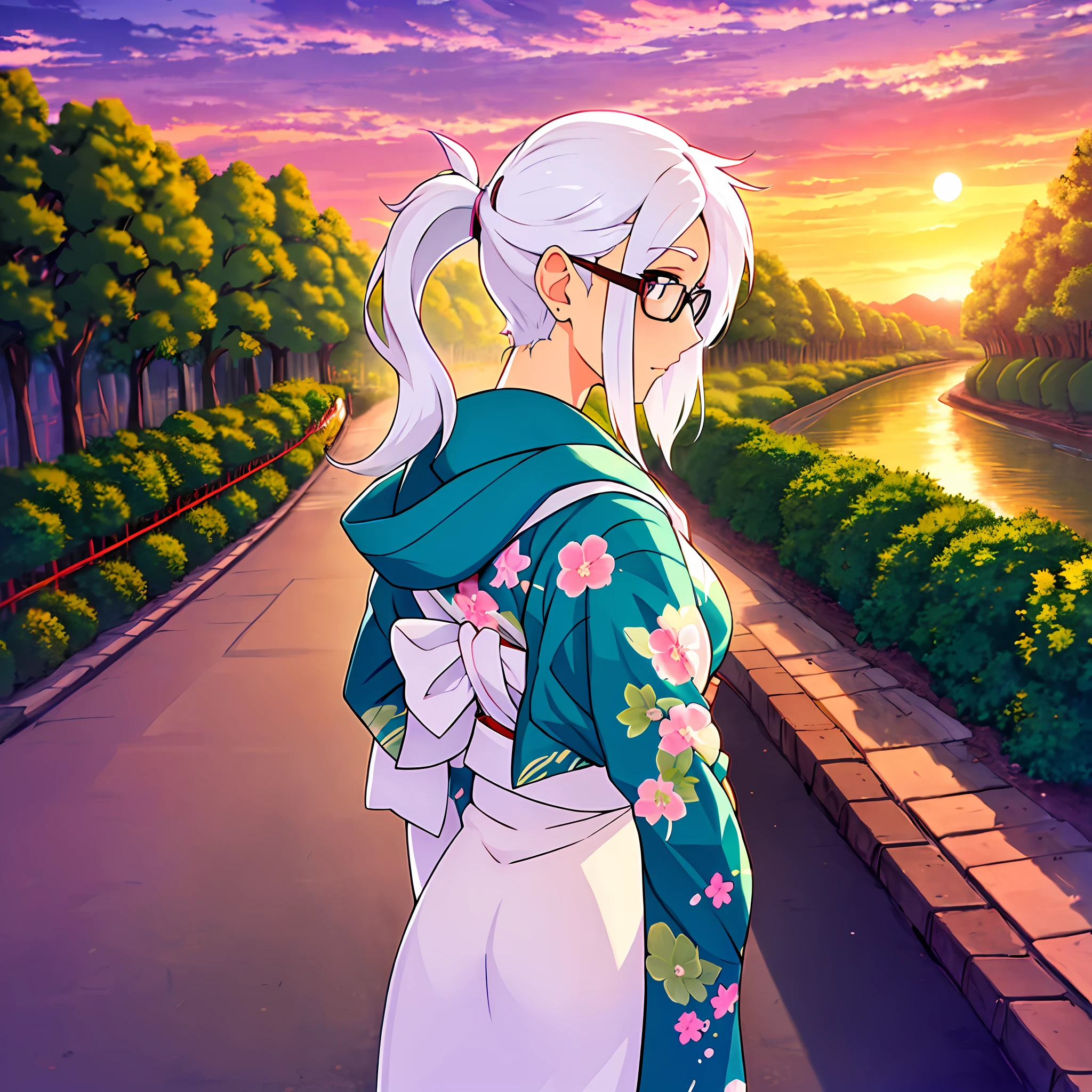 Linen white hair, kimono, big breasts, girl with glasses, ponytail, looking back at sunset, bust, trees on the road by the river, Japanese animation style, no architecture, --auto --s2