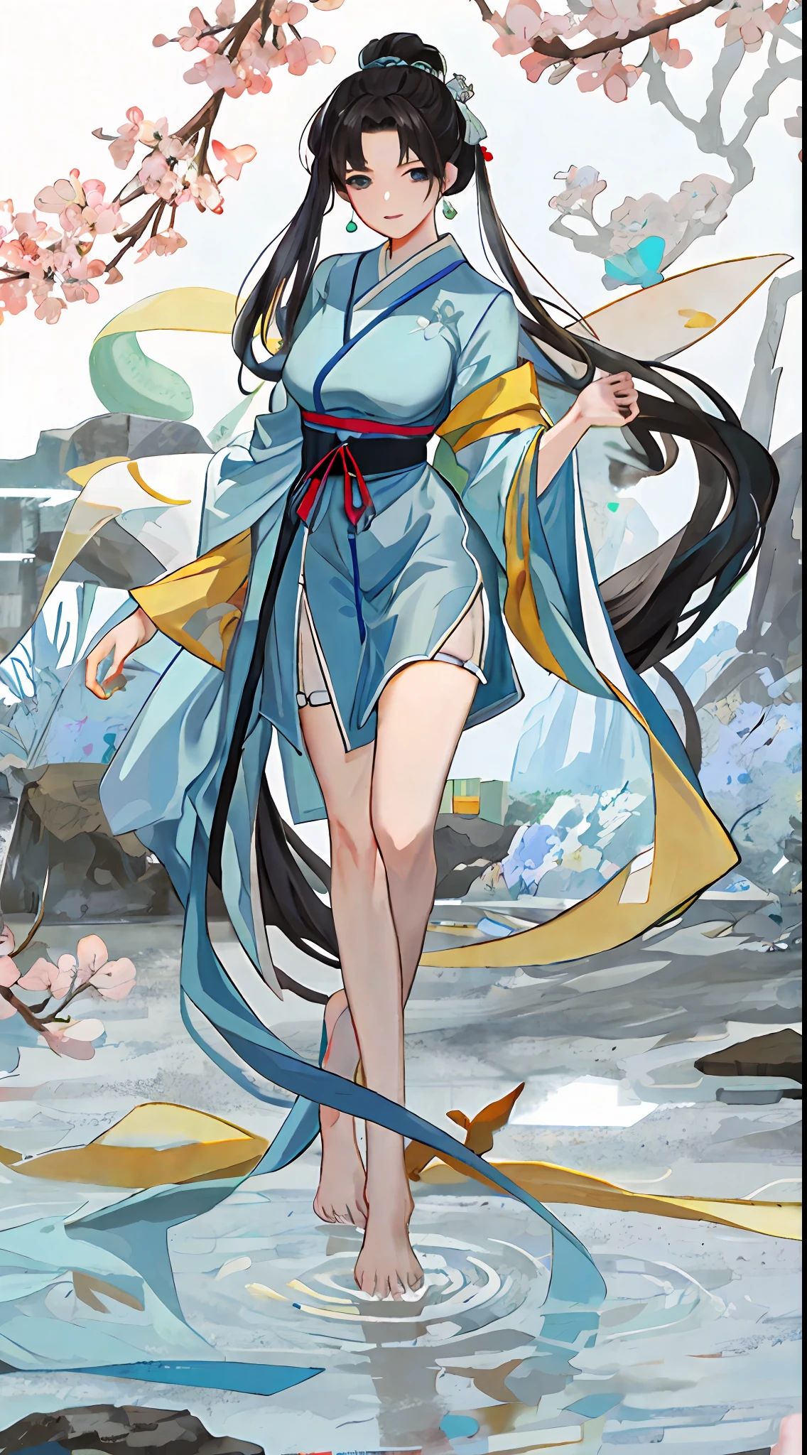 1 male, ancient immortal, light blue hanfu robe, adult, young, dashing, handsome, fairy, long hair, black hair, black eyes, full body, ancient Chinese era, spring, jungle, lake, cave, waterfall, tree, meadow, rock, deer, hot spring, water vapor, (illustration: 1.0), epic composition, realistic lighting, HD details, masterpiece, best quality, (very detailed CG unified 8k wallpaper)