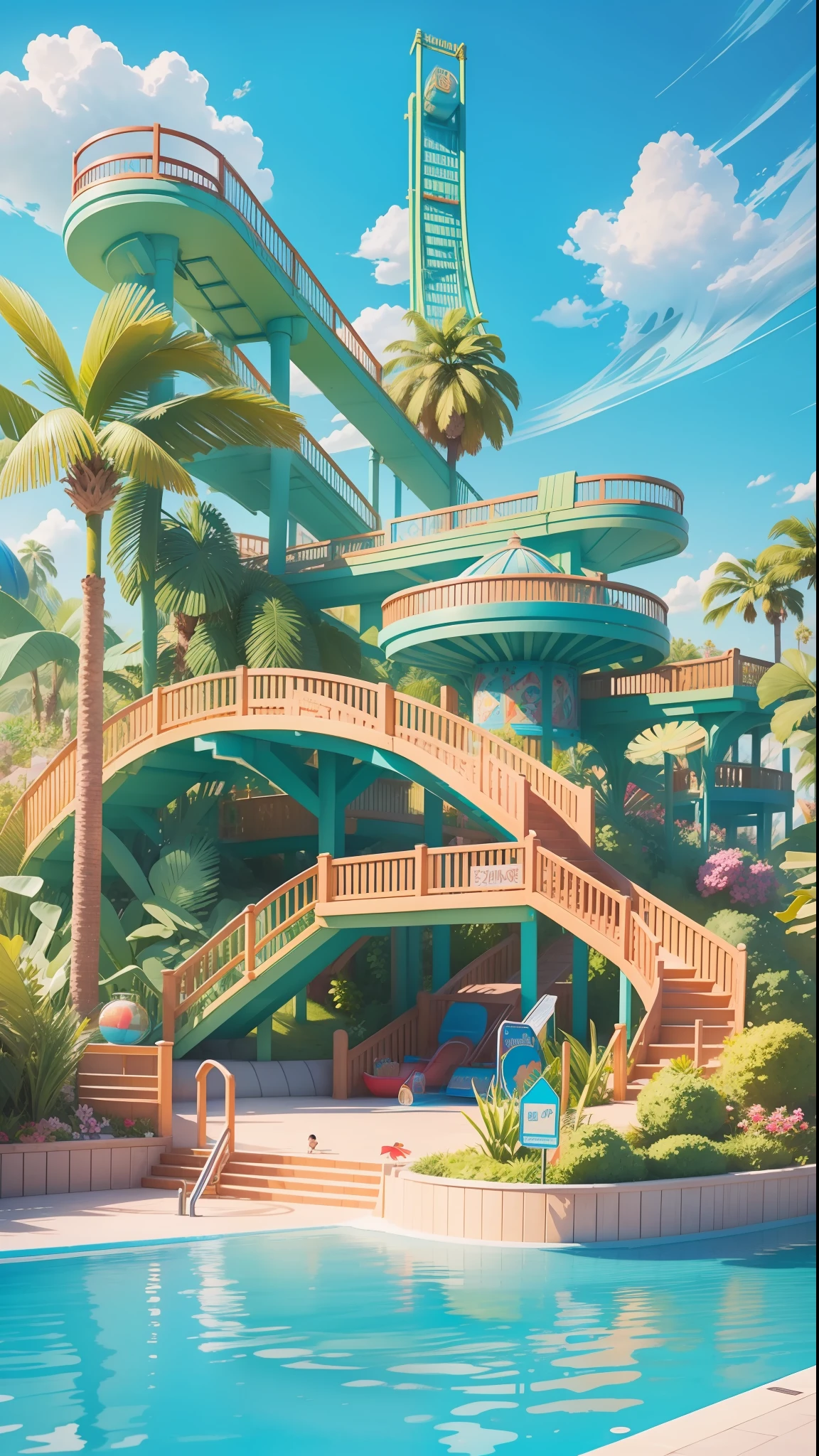 There is a poster with water park, water park, detailed 3D illustration, highly detailed watercolor 8 K, highly detailed 8K, water world, traditional art, commercial illustration, game illustration, modeling 3D art style, summer swimming party, featured art, official fan art, colorful