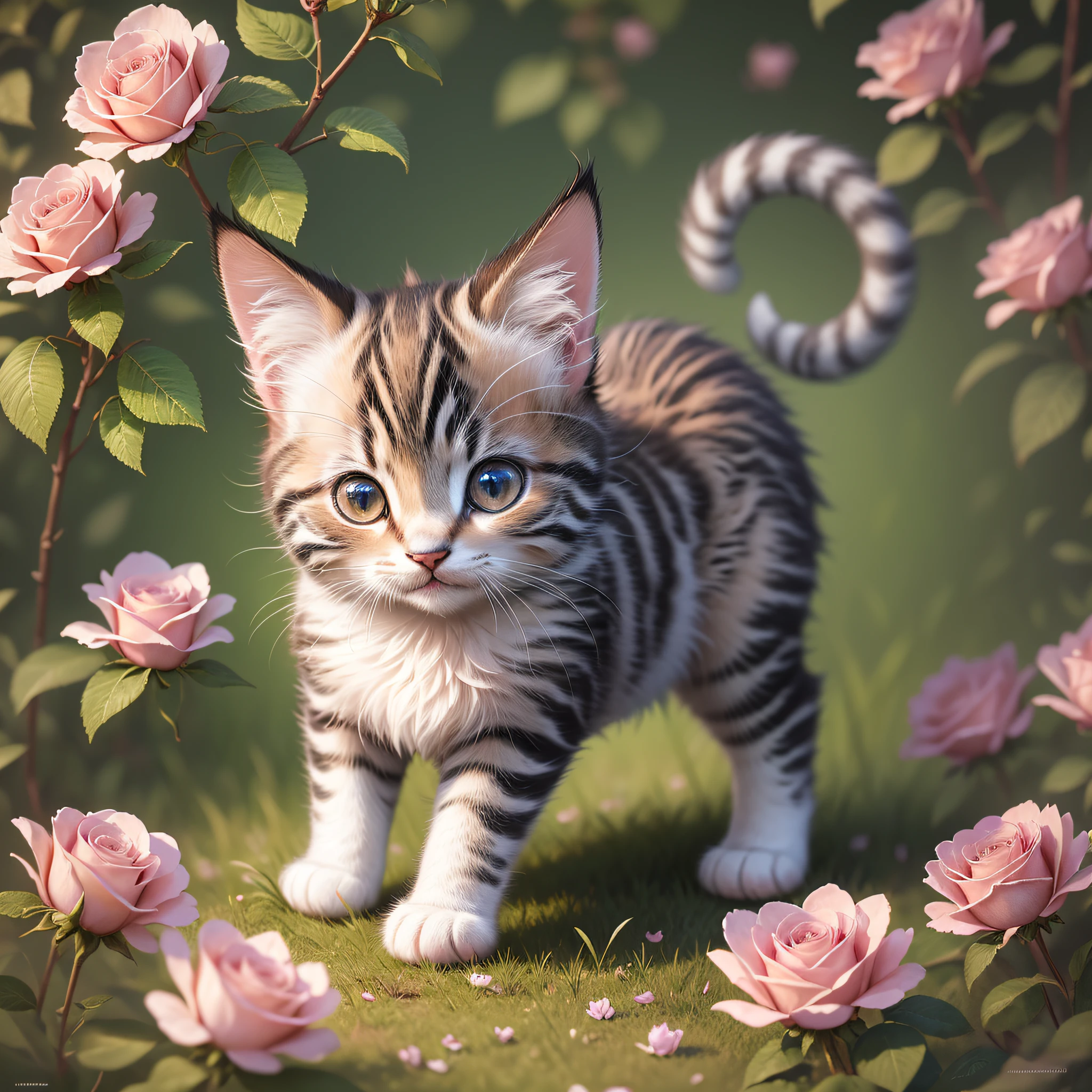 Photos, photo-like quality, ultra-detailed CG art, adorable kitten surrounded by ethereal roses, kitten, one, non-human, highest quality, high resolution, intricate details, fantasy, cute animals, best expression, running on grass, standing on hind legs, holding a pocket watch with front paws