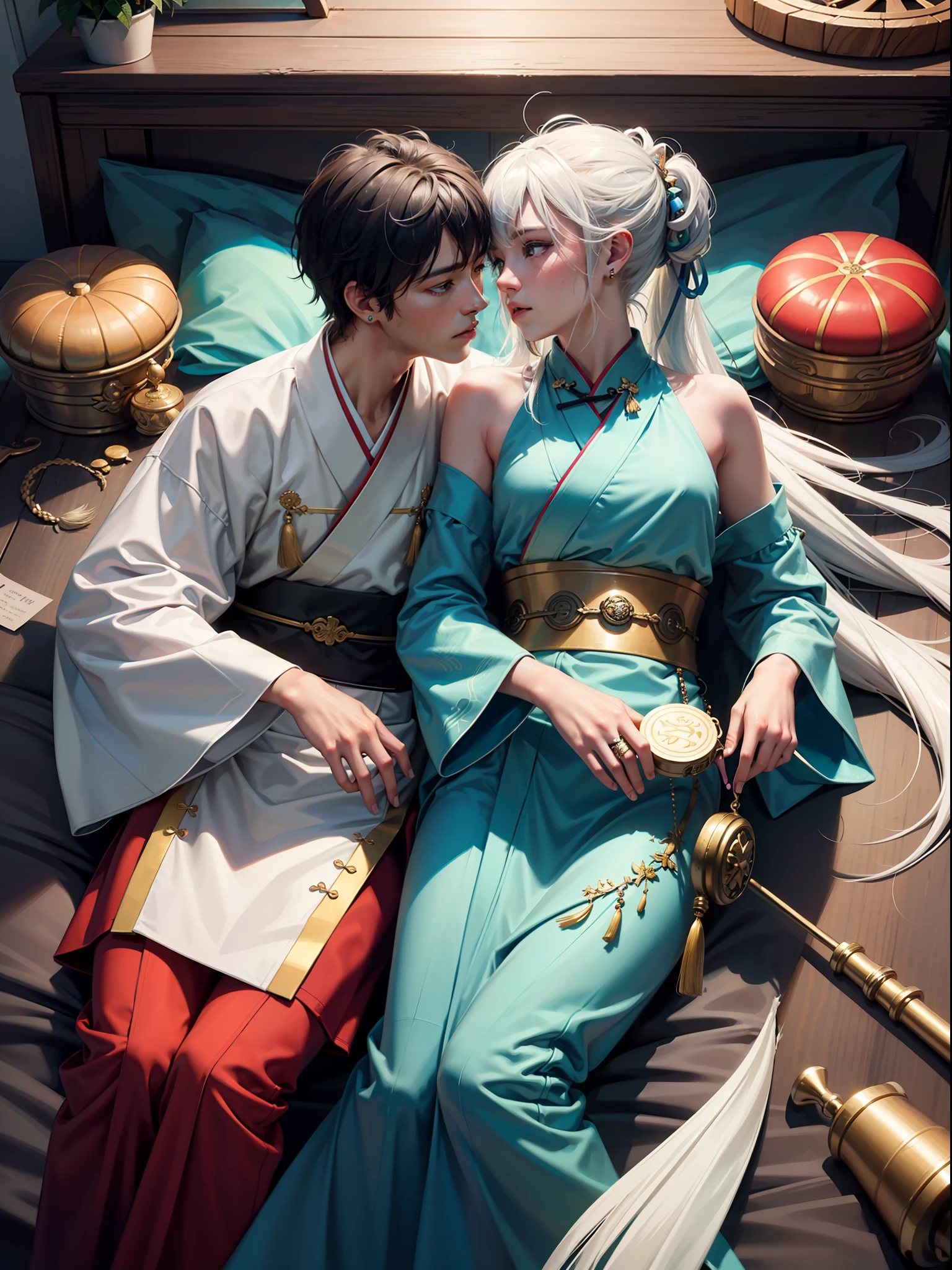 Concept Art, "1 Couple, Male Focus, Fin Ears, Multicolored Hair, Handsome Boy, Long White Hair, Tassels, Bangs, Carp, Colorful, Bold Colors, White Kimono, (Open) Kimono, Traditional Chinese Clothing, Close-up, Intimate Interaction in Bed, Stud Earrings, Rings, Sweat, Illuminate People", Colorful, Master Composition, Focus on Key Figures, Realism, Masterpiece, Award-Standing, Best Quality, Masterpiece, Ultra Detailed, 8K, Extremely Detailed CG Unity 8k wallpaper, complex, highly detailedrealistic